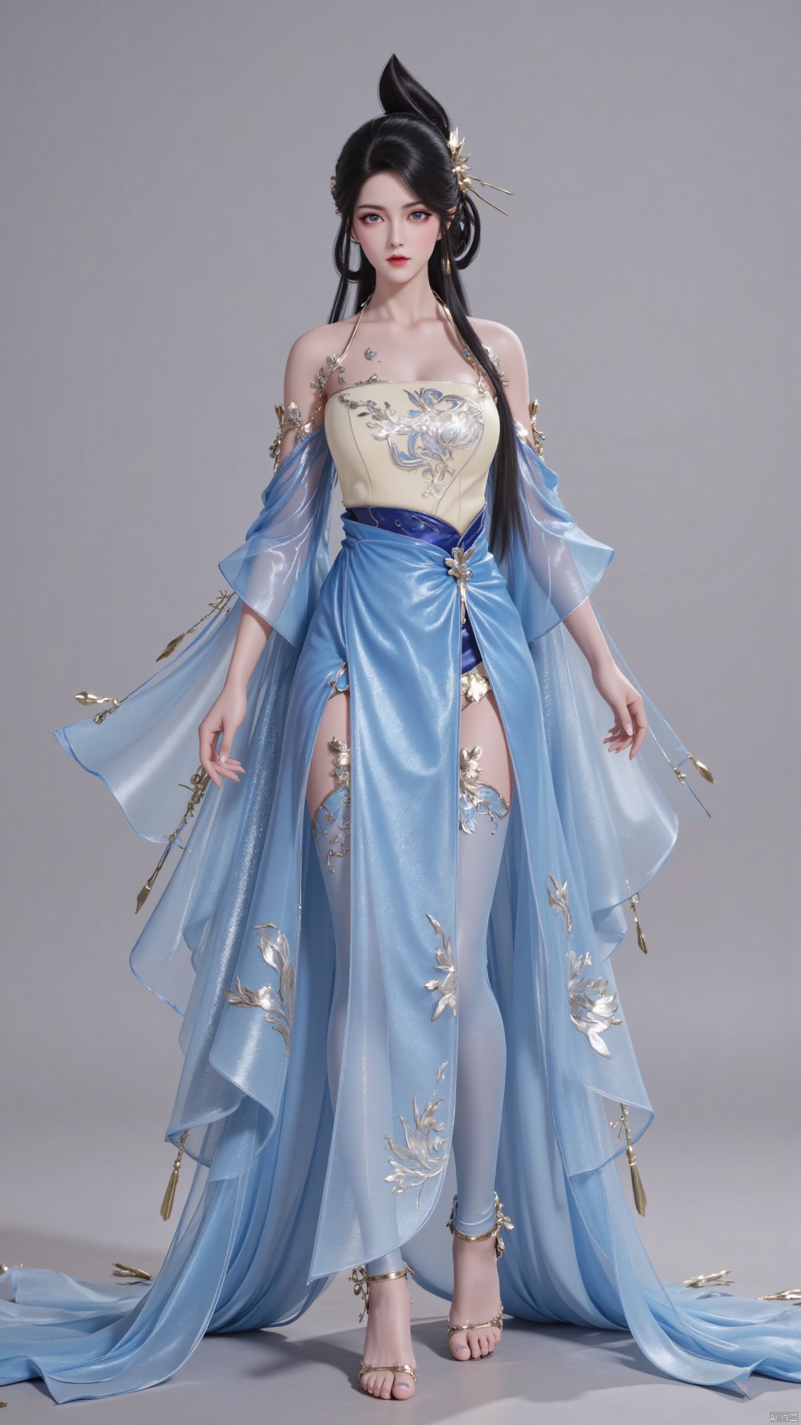 1girl,solo,looking at viewer,juru2,breasts,huge breasts,huge buttocks,realistic,long hair,black hair,hair rings,hair bun,hair ornament,chinese clothes,bare shoulders,necklace,topknot,dress,blue dress,see-through,see-through sleeves,skirt,long skirt,thighhighs,jewelry,makeup,red lips,barefoot,anklet,huolinger,YMJHyiqingqiu,HANFU DRESS.