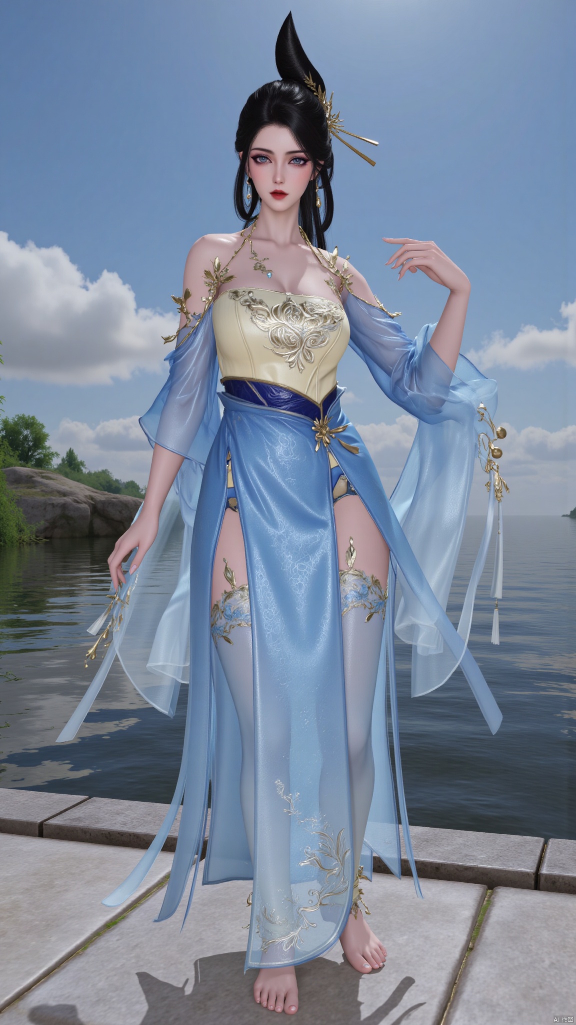 1girl,solo,looking at viewer,juru2,breasts,huge breasts,huge buttocks,realistic,long hair,black hair,hair rings,hair bun,hair ornament,chinese clothes,bare shoulders,necklace,topknot,dress,blue dress,see-through,see-through sleeves,skirt,long skirt,thighhighs,jewelry,makeup,red lips,barefoot,anklet,huolinger,YMJHyiqingqiu,HANFU DRESS.,sky,blue sky,lingluochen