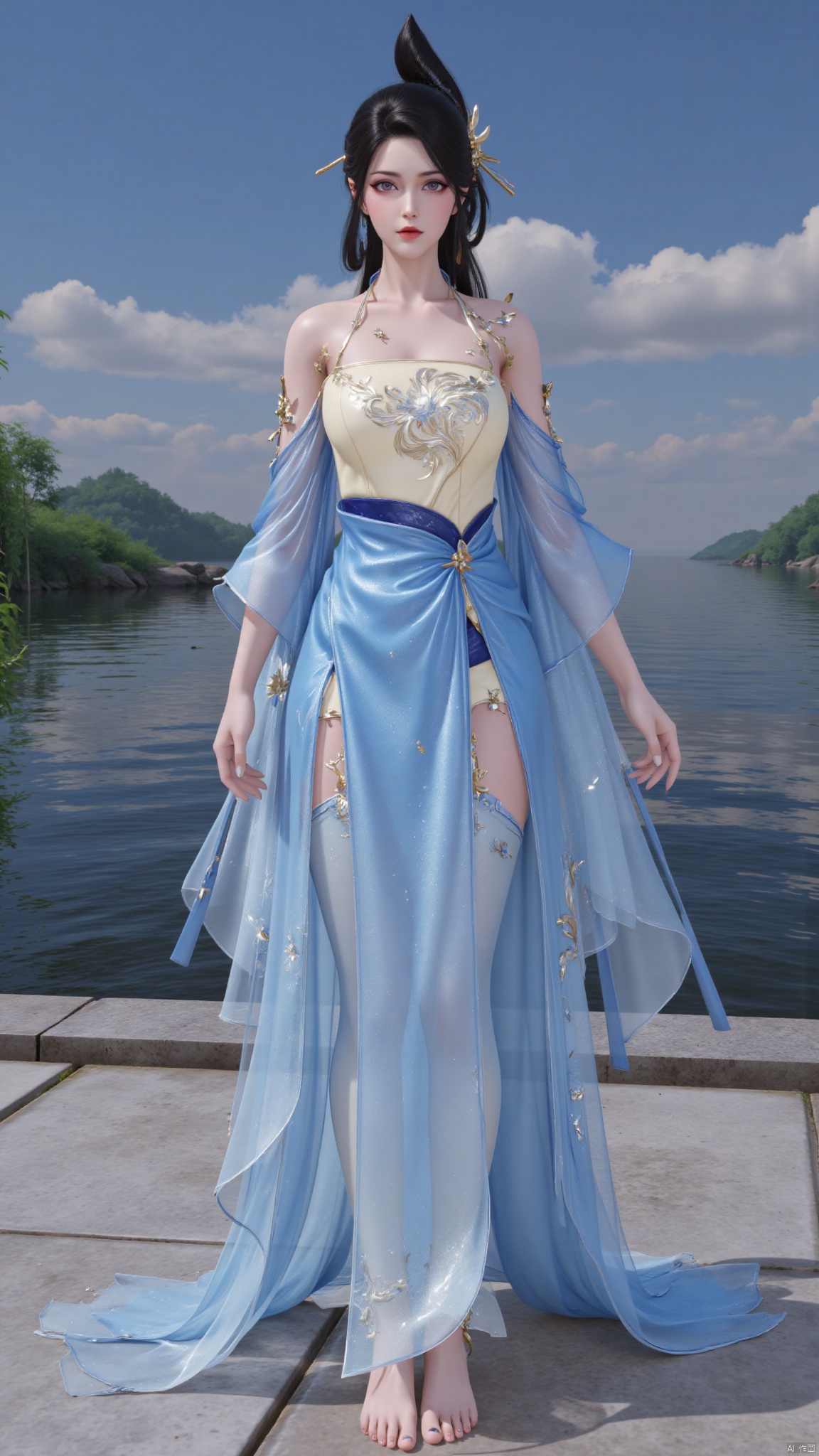 1girl,solo,looking at viewer,juru2,breasts,huge breasts,huge buttocks,realistic,long hair,black hair,hair rings,hair bun,hair ornament,chinese clothes,bare shoulders,necklace,topknot,dress,blue dress,see-through,see-through sleeves,skirt,long skirt,thighhighs,jewelry,makeup,red lips,barefoot,anklet,huolinger,YMJHyiqingqiu,HANFU DRESS.,sky,blue sky,