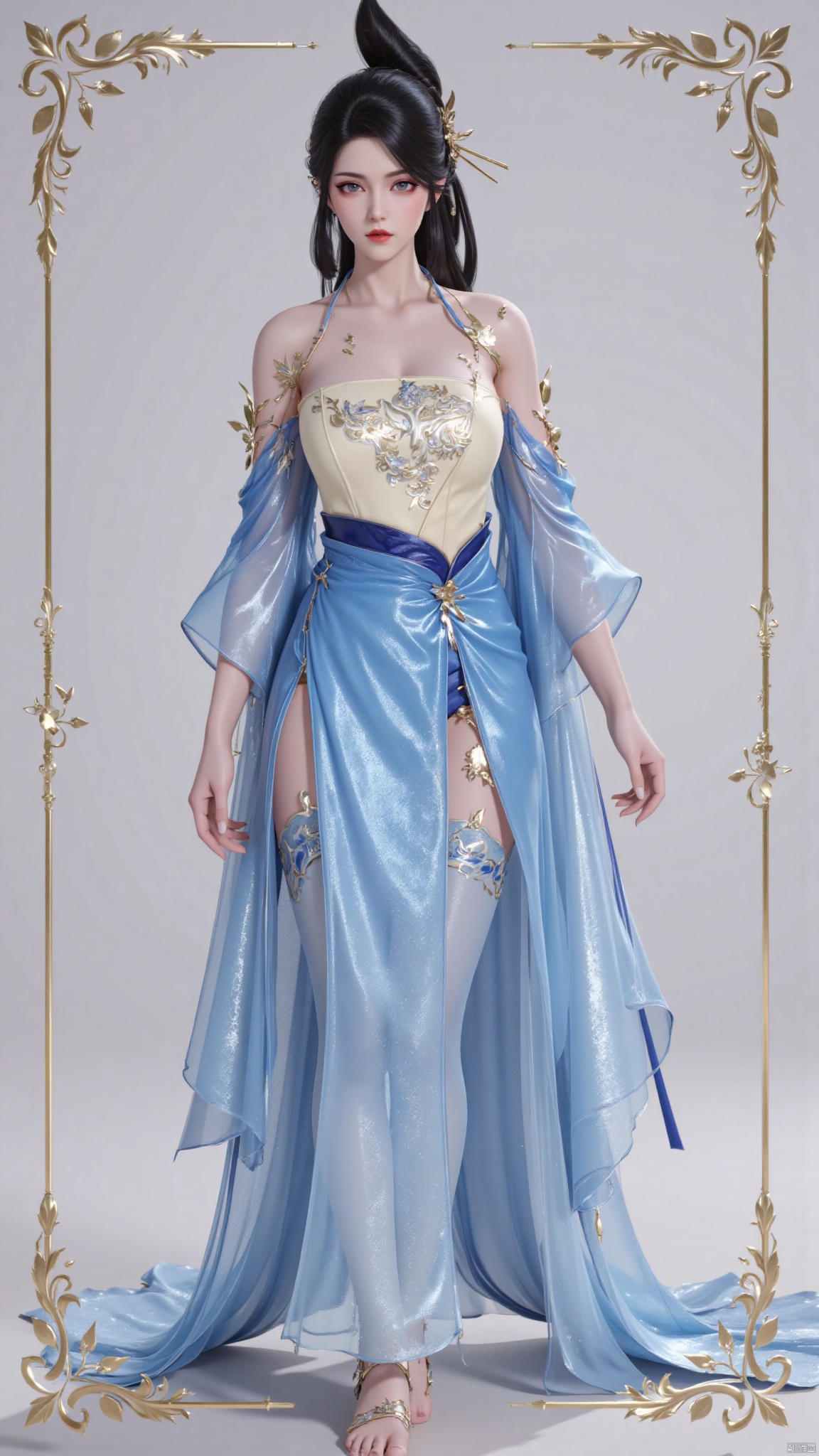 1girl,solo,looking at viewer,juru2,breasts,huge breasts,huge buttocks,realistic,long hair,black hair,hair rings,hair bun,hair ornament,chinese clothes,bare shoulders,necklace,topknot,dress,blue dress,see-through,see-through sleeves,skirt,long skirt,thighhighs,jewelry,makeup,red lips,barefoot,anklet,huolinger,YMJHyiqingqiu,HANFU DRESS.