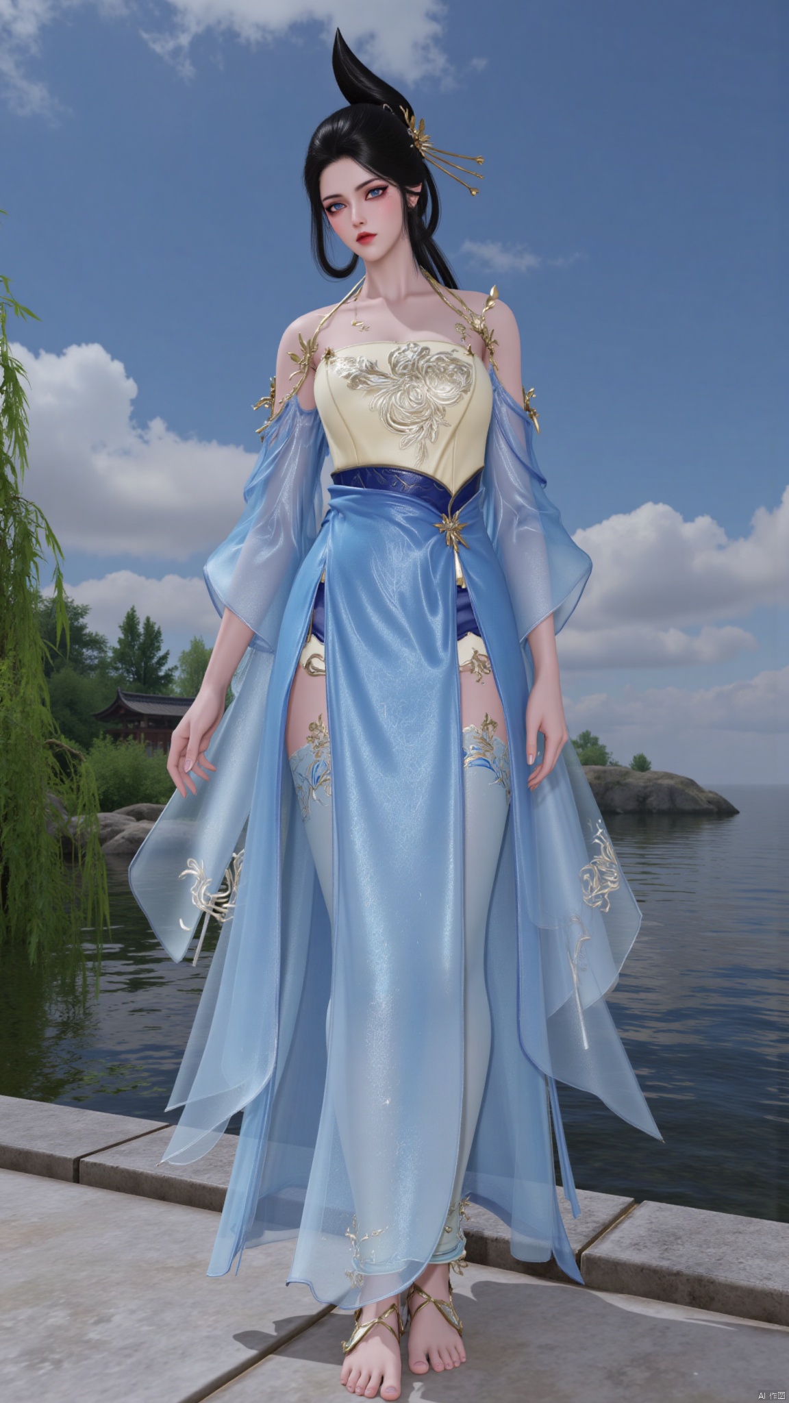 1girl,solo,looking at viewer,juru2,breasts,huge breasts,huge buttocks,realistic,long hair,black hair,hair rings,hair bun,hair ornament,chinese clothes,bare shoulders,necklace,topknot,dress,blue dress,see-through,see-through sleeves,skirt,long skirt,thighhighs,jewelry,makeup,red lips,barefoot,anklet,huolinger,YMJHyiqingqiu,HANFU DRESS.,sky,blue sky,lingluochen