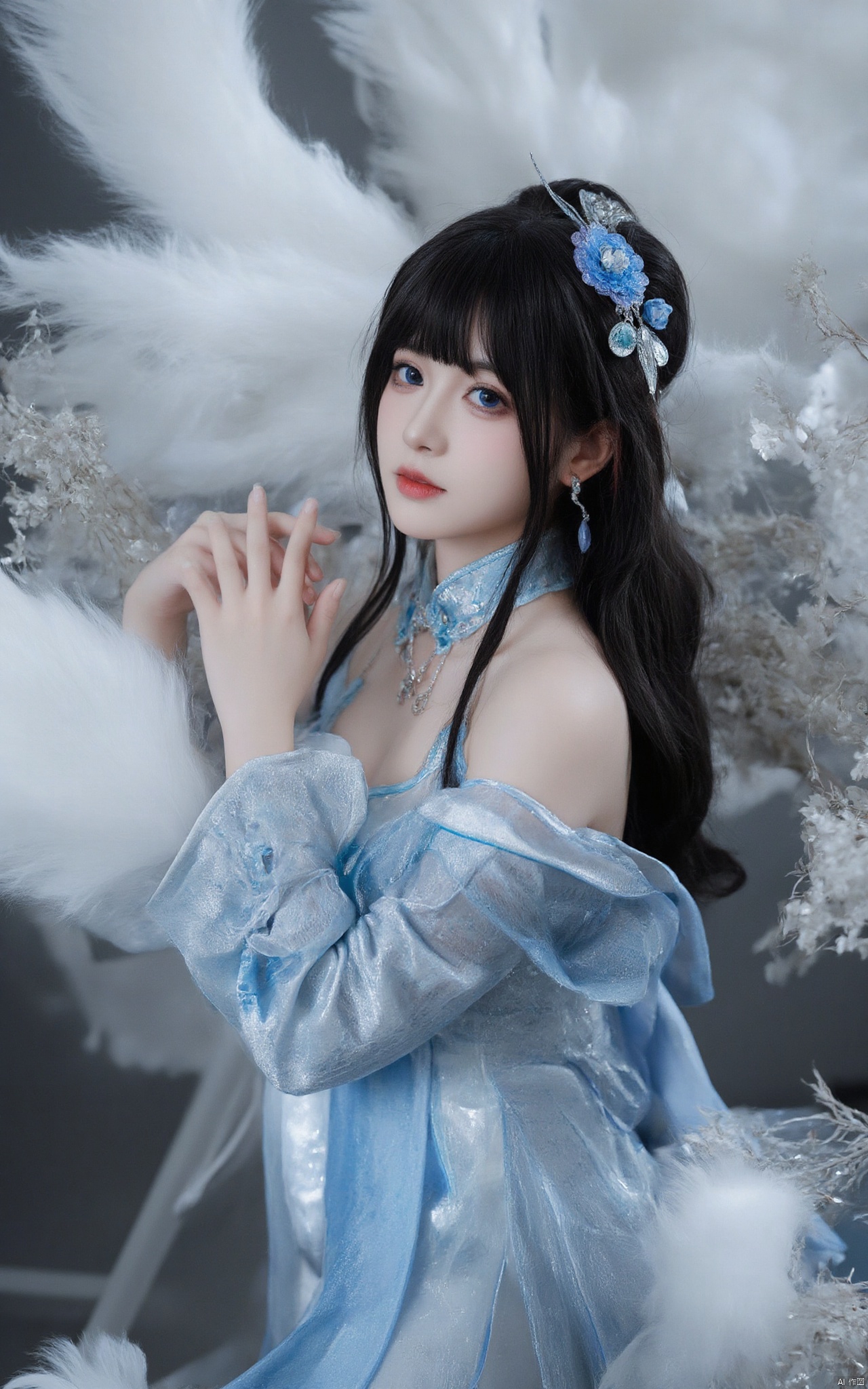 High quality,masterpiece,rich details,Blue oriental dragon,white dragon hair,real fur,xiaoyan,1girl,solo,long hair,breasts,looking at viewer,blue eyes,black hair,hair ornament,long sleeves,dress,cleavage,jewelry,medium breasts,tail,flower,earrings,horns,hair bun,blue dress,chinese clothes,single hair bun