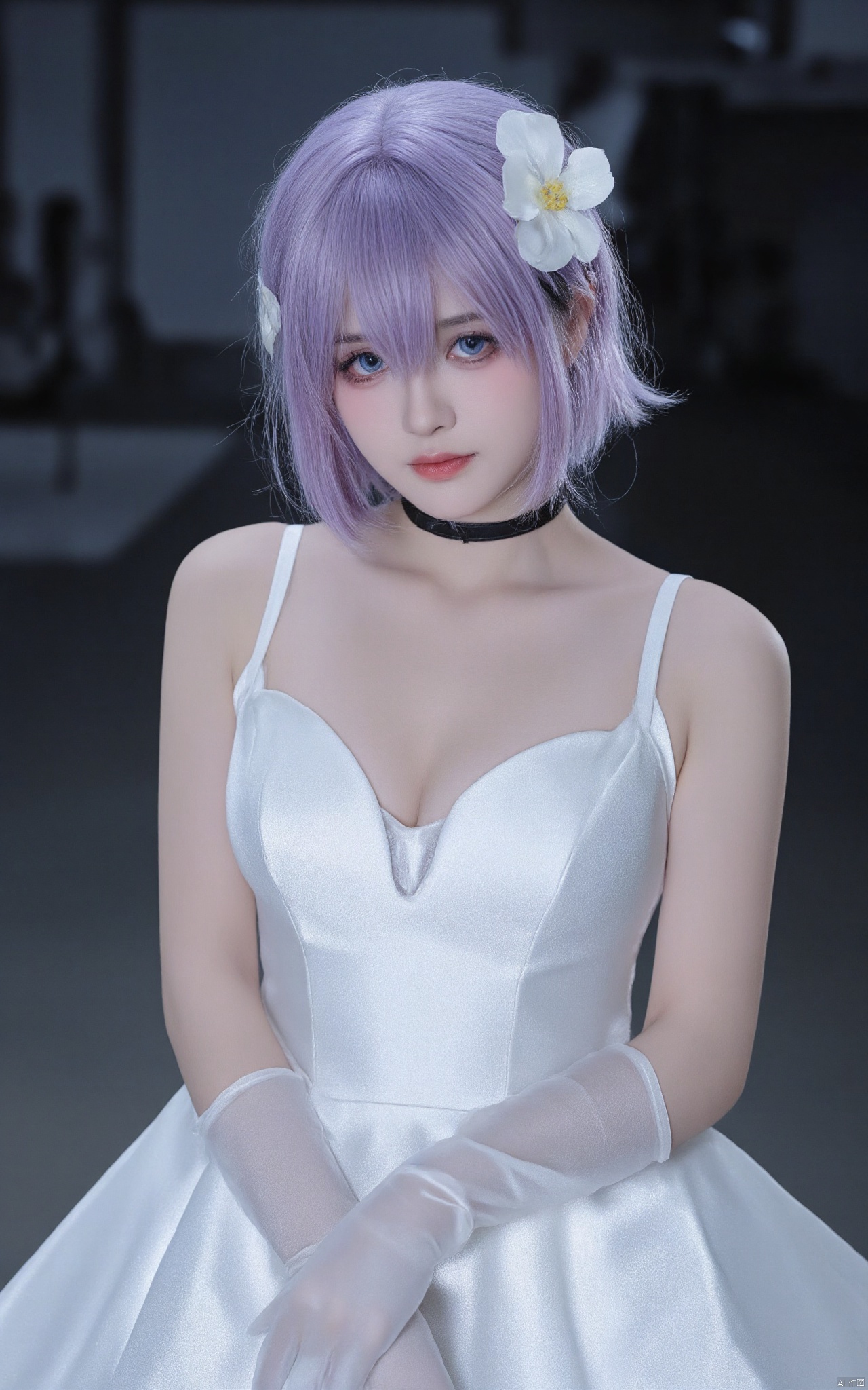 a young woman in a cosplay outfit. This is a highly detailed, high-resolution photograph featuring a young woman with light skin and striking, large, expressive blue eyes. She has a delicate, petite physique with a small breast size. Her hair is a striking, vibrant purple, styled in a short, tousled manner, with a few strands covering her forehead and partially obscuring her right eye. A large, white flower is placed in her hair, adding a touch of elegance and femininity. She is dressed in a classic white, sleeveless, V-neck gown made of a smooth, satin-like fabric that glimmers under the soft lighting. The gown has a modest cut, with a plunging neckline and a flowing, slightly translucent texture that gives it a delicate, almost ethereal appearance. Her hands are adorned with long, white satin gloves that extend to her elbows, adding a touch of elegance and sophistication to her attire. Her expression is soft and slightly melancholic, with a subtle hint of sadness in her eyes.She wears a black choker around her neck, adding a touch of edginess to her otherwise demure appearance. The background is blurred, but it appears to be an industrial or warehouse setting, with dark, shadowy elements and a faint hint of machinery., High quality, perfect, standardized