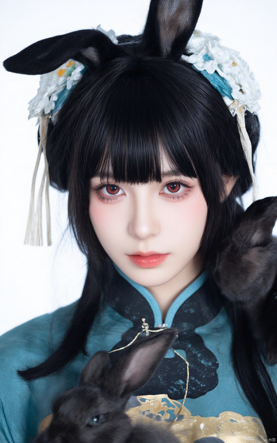 photorealistic,Illustration, digital art, Cosplay\(hubggirl)\, red eyes, black hair, hair bun with accessories, traditional East Asian attire, rabbit ears headpiece, black and teal clothing, cloud pattern on garment, mystical, two black rabbits, one on shoulder and one in foreground, pale skin, blush on cheeks, serious expression, white background, portrait, upper body shot, artful composition, detailed line art, vibrant color contrast.hubg_beauty_girl,