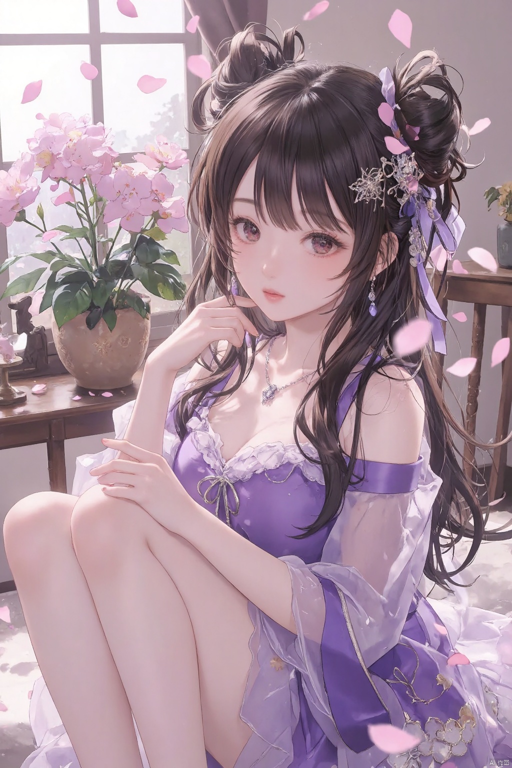 , 1girl, petals, bare legs, solo, table, long hair, breasts, sitting, falling petals, hair ornament, jewelry, hair bun, bare shoulders, looking at viewer, purple dress, brown hair, indoors, dress, large breasts, earrings, yokozuwari, cleavage, black hair, single hair bun, necklace, window