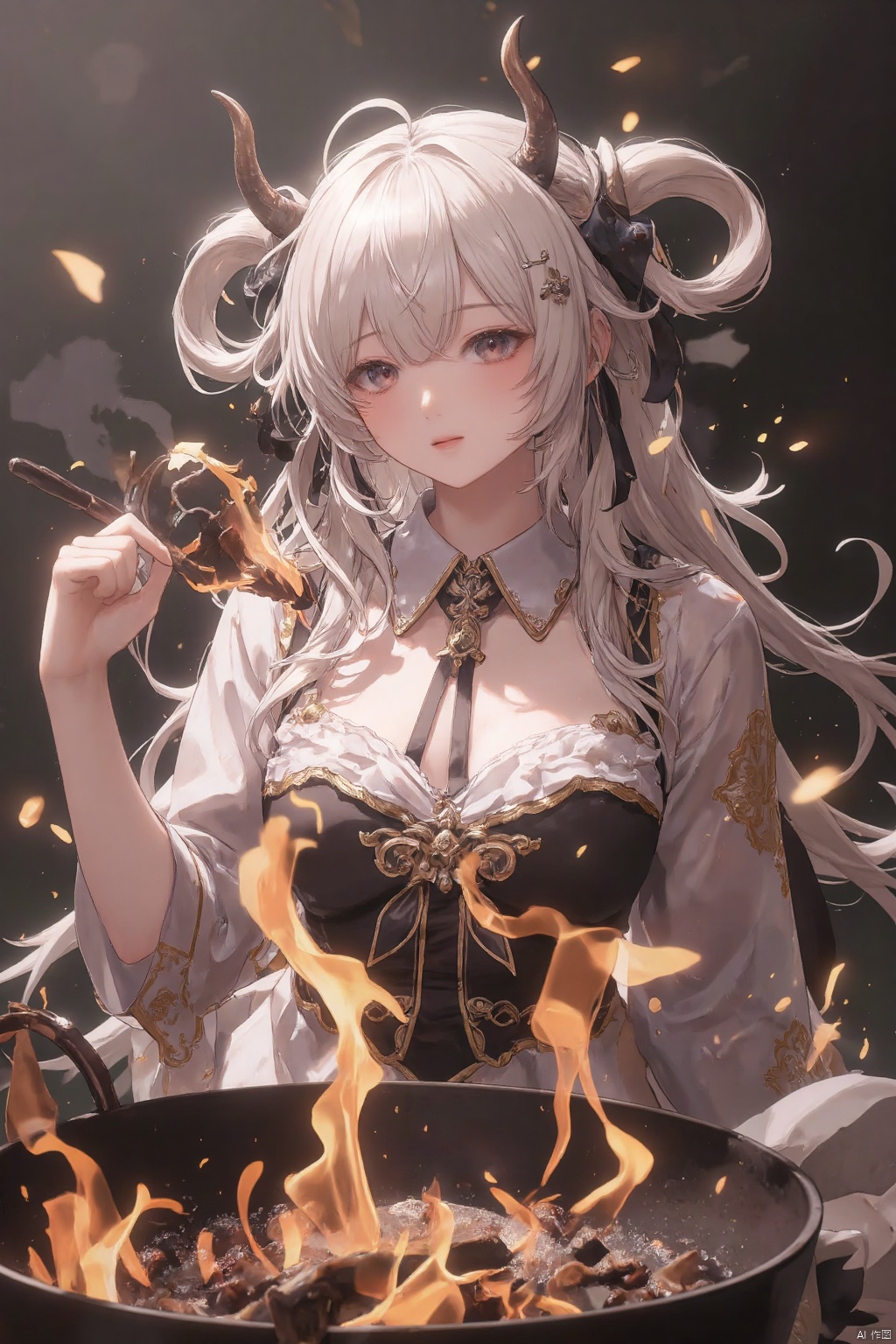  BEAUTIFUL YOUNG GIRL , White hair, Capricorn horns, Make a barbecue