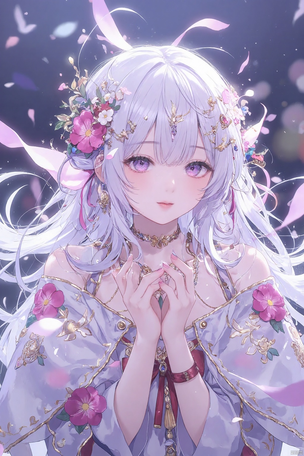  beautiful young girl,White hair,Capricorn Cape ,barbecue,do the splits, purple eyes , watched the audience, long hair,Hair accessories, bangs,Flowers, bare shoulders, split lips ,tassel,紫色Flowers,Ribbon, blurry background ,
