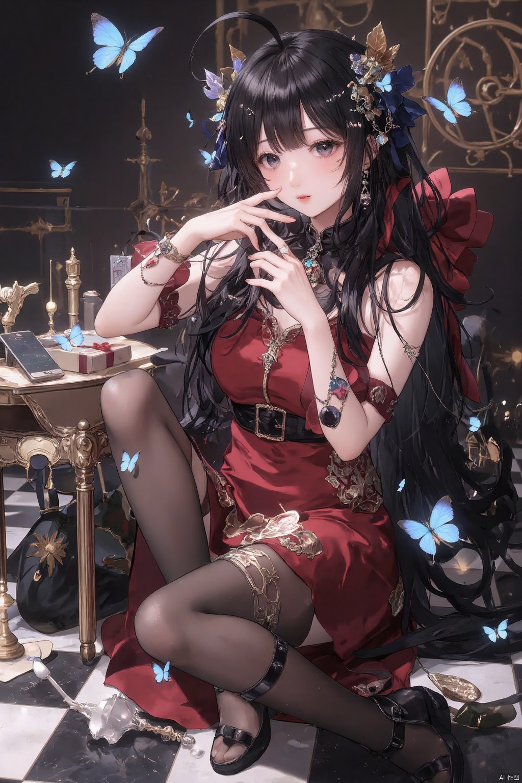 , 1girl, butterfly, long hair, solo, black hair, dress, thighhighs, bug, checkered floor, hair ornament, red dress, breasts, black thighhighs, looking at viewer, black eyes, medium breasts, bare shoulders, butterfly hair ornament, sleeveless, blush, very long hair, holding, jewelry, indoors, earrings, bangs, sitting, chess piece, sleeveless dress, bare arms, table, blue butterfly, phone, parted lips