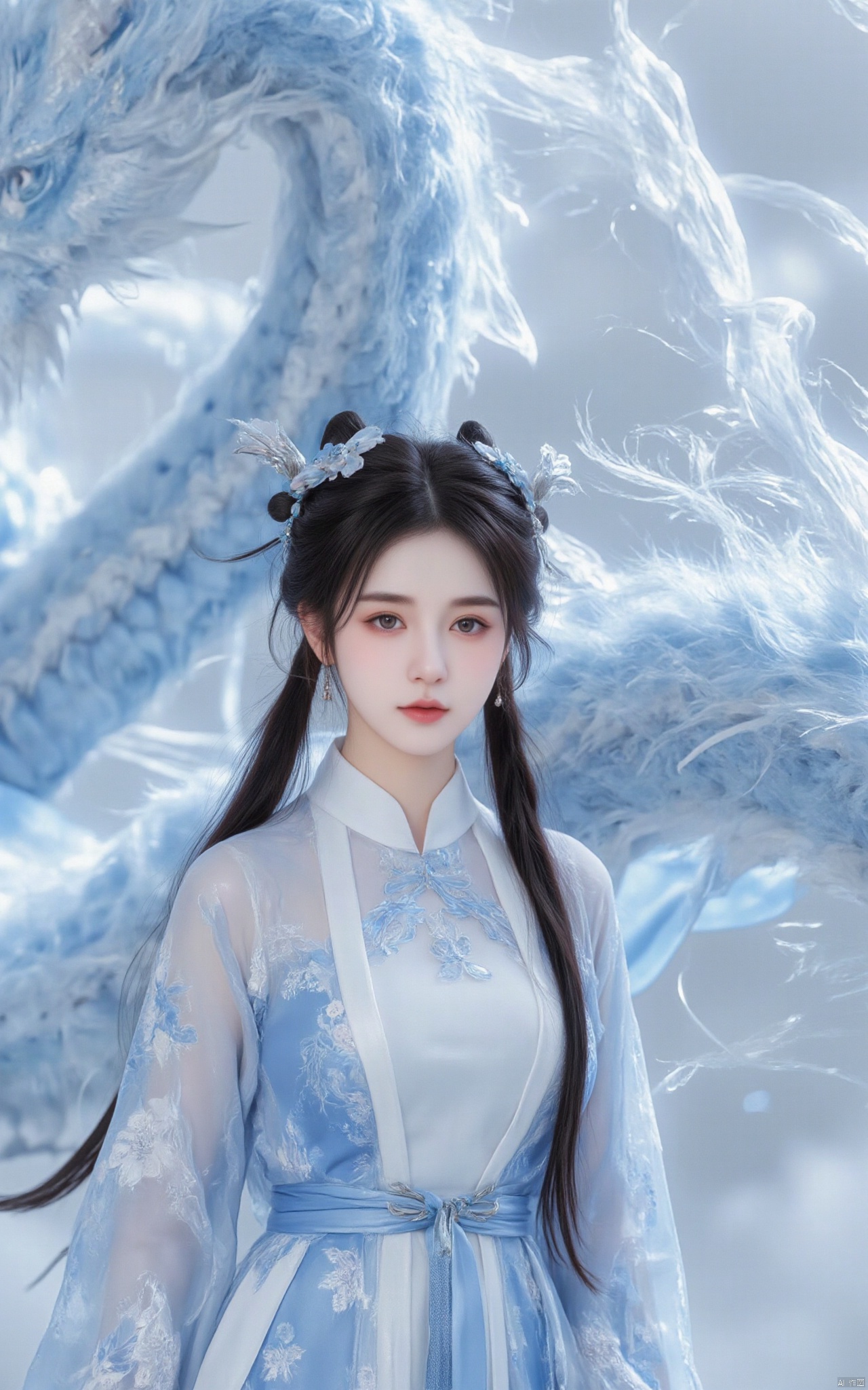 High quality,masterpiece,rich details,Blue oriental dragon,white dragon hair,real fur,xiaoyan,1girl,solo,long hair,breasts,looking at viewer,blue eyes,black hair,hair ornament,long sleeves,dress,cleavage,jewelry,medium breasts,tail,flower,earrings,horns,hair bun,blue dress,chinese clothes,single hair bun