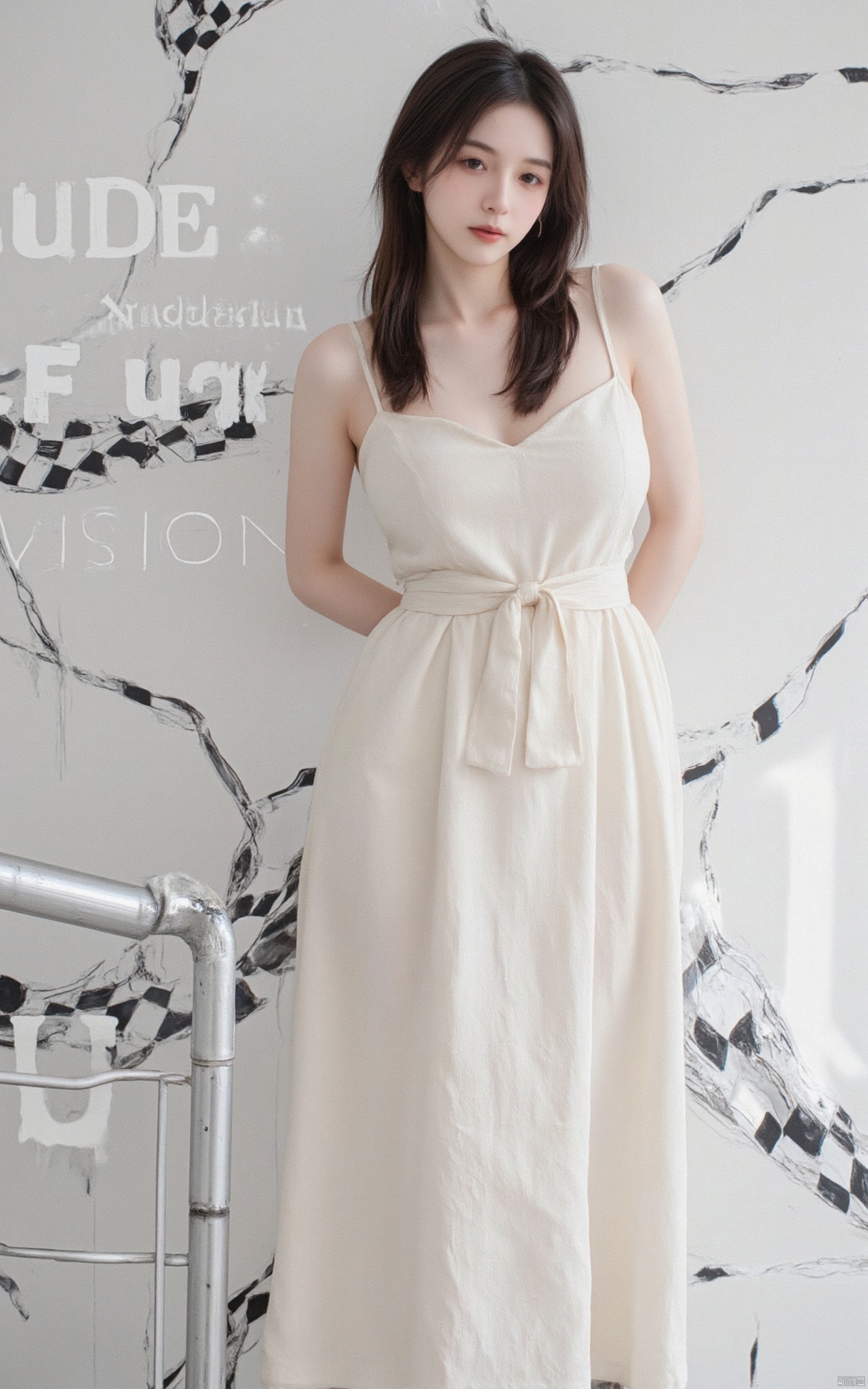 a model stands in front of a white wall adorned with a black and white checkered pattern. The model is dressed in a cream-colored dress with a tie around the waist, revealing a low neckline. Her hair is styled in a sleek bob, and her eyes are focused on the camera. To the left of the model, a silver metal railing is visible, adding a touch of contrast to the scene. In the background, the words "HUBG NudeFlux VISION" in bold white letters. 