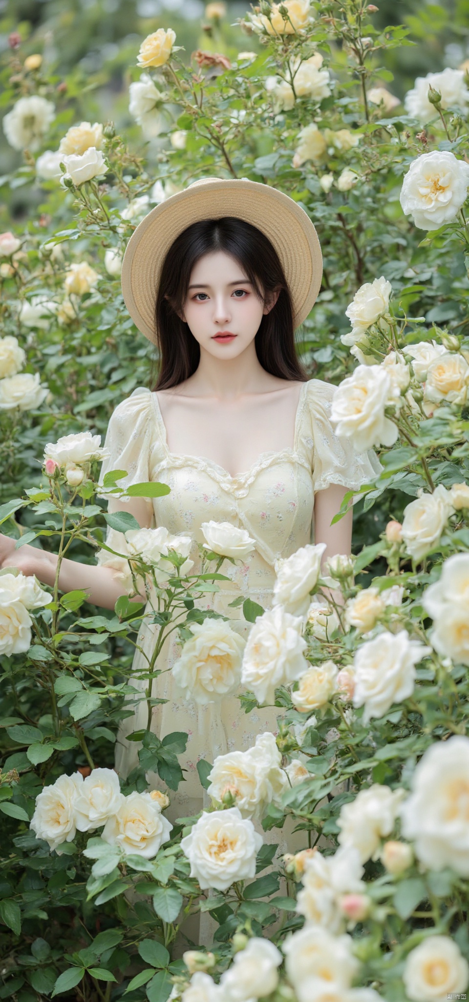 hubggirl,This is a high-resolution photograph of a young Asian woman posing in a lush garden filled with blooming roses. The woman has fair skin,straight black hair,and a slender build. She is wearing a light yellow dress adorned with a delicate floral pattern,featuring ruffled details on the sleeves and bodice. Her attire is elegant and feminine,complementing the natural beauty of the roses around her.,She is wearing a straw hat with a wide brim,which casts a soft shadow over her face,adding a touch of rustic charm. Her makeup is subtle,with a natural glow and a hint of pink on her lips. She is standing amidst a dense cluster of roses,with the majority of the flowers being white and cream,interspersed with a few yellow roses. The green leaves of the roses create a rich,textured backdrop,and the overall scene is bathed in soft,natural light,suggesting a sunny day.,The image captures a serene and romantic atmosphere,with the woman's gentle expression and the abundance of blooming roses creating a harmonious and picturesque setting. The photograph is likely taken in a garden or park,with the vibrant colors and lush greenery indicative of a thriving botanical environment