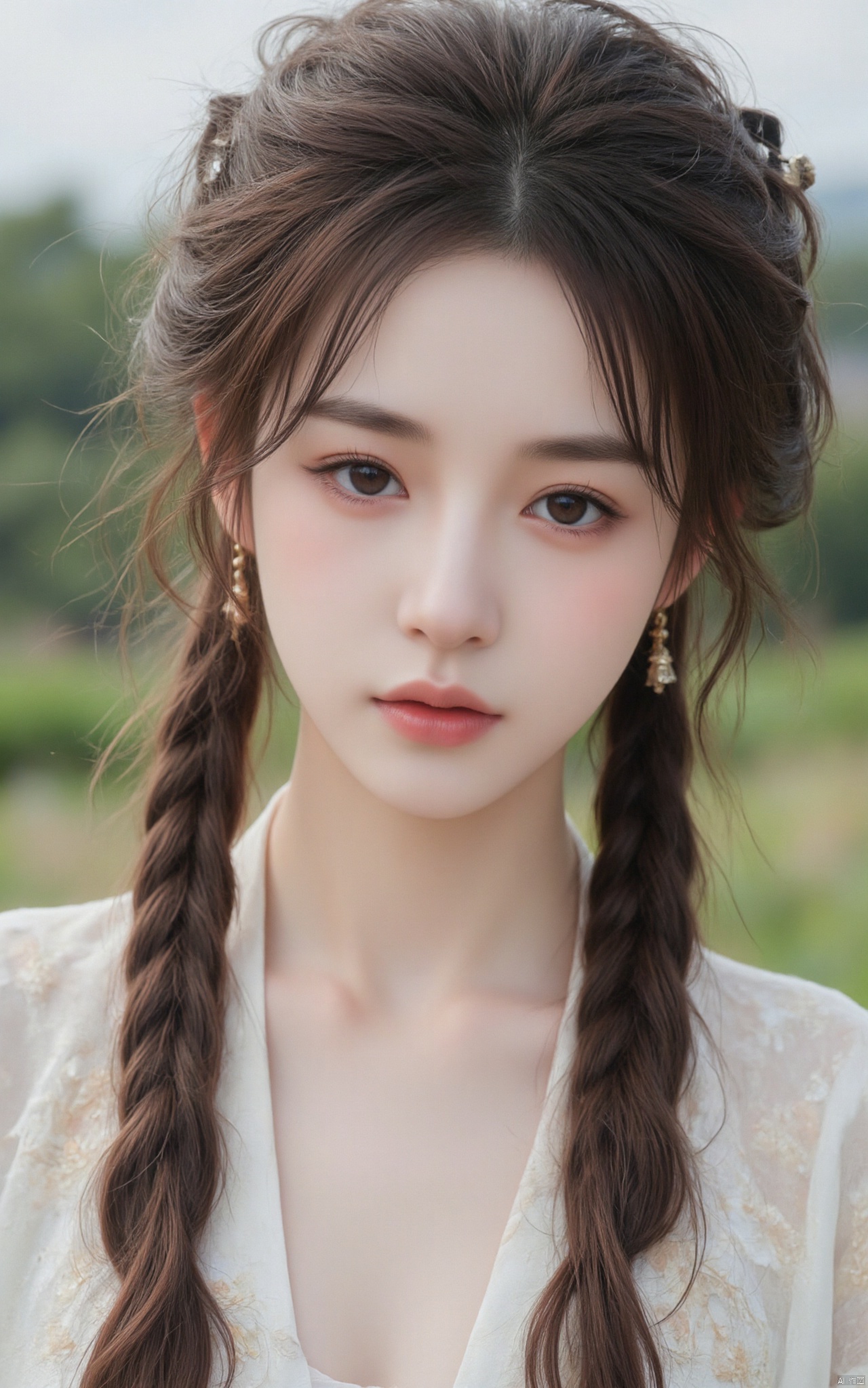 (Realistic Photography) (Film Texture) (Masterpiece) (Exquisite Facial Features) (Exquisite CG Illustrations) (Exquisite Facial Description, Heavy Makeup) A very beautiful girl wearing ancient Hanfu, ancient women's attire, beautiful and delicate skin, delicate face, curly hair, exquisite headwear, earrings, elegant and sexy, perfect and exquisite, oval face, heavy makeup, wet pink lips, big black bright eyes, long eyelashes, beautiful contact lenses, watery, dynamic angles, brown long hair (curly hair), exquisite hair accessories, earrings, facing the camera, (upper body photo), outdoor farmland background, clear background, no focus, defocused