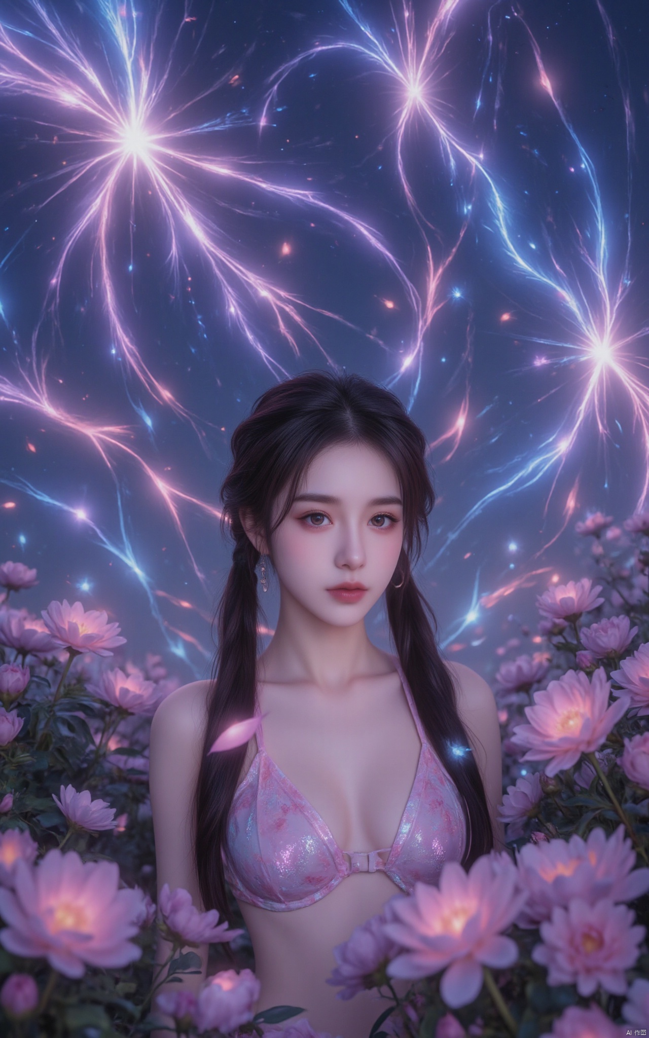 Masterpiece,Dazzling multicolored light,ultra detailed,1 girl,In the flowers,rabbit ears,earrings,eyelashes,a charming face,glowing lips,clavicle,shoulder exposure,floating petals,dreamy and beautiful,upper_body,full shot.bikini, Fine strokes,Wallpaper,anime aesthetic,Poolcoreanime beauty,Hyperrealism,sparkle,textured skin,super detail,best quality,8k,