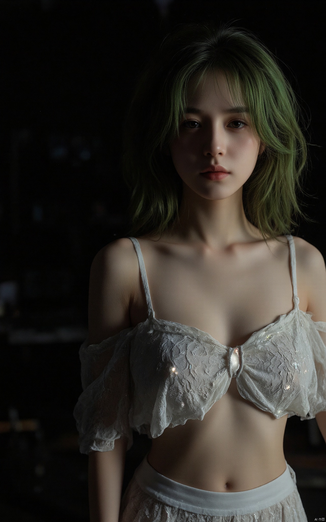 ultra wide field, ultra dynamic lighting amazing shadows, Deep photo,depth of field,shadows, hubggirl, messy hair,dark,nighttime,dark photo,grainy,dimly lit,shot on RED camera,harsh camera flash, green hair,white_marble_glowing_skin,white backless_dress,