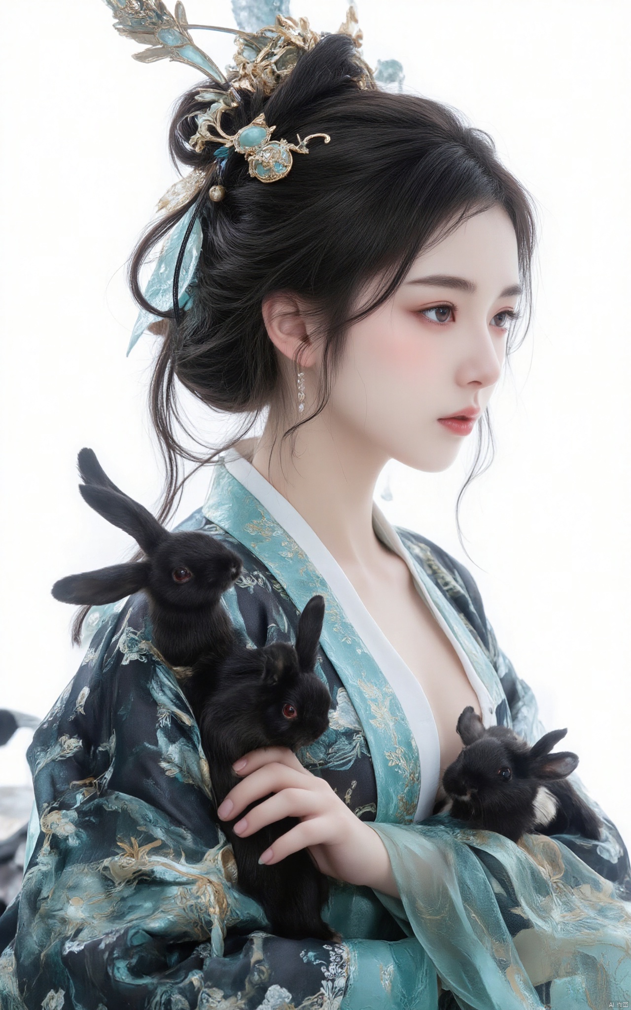 photorealistic,Illustration, digital art, hubggirl, red eyes, black hair, hair bun with accessories, traditional East Asian attire, rabbit ears headpiece, black and teal clothing, cloud pattern on garment, mystical, two black rabbits, one on shoulder and one in foreground, pale skin, blush on cheeks, serious expression, white background, portrait, upper body shot, artful composition, detailed line art, vibrant color contrast., HUBG_Beauty_Girl, hubg_beauty_girl