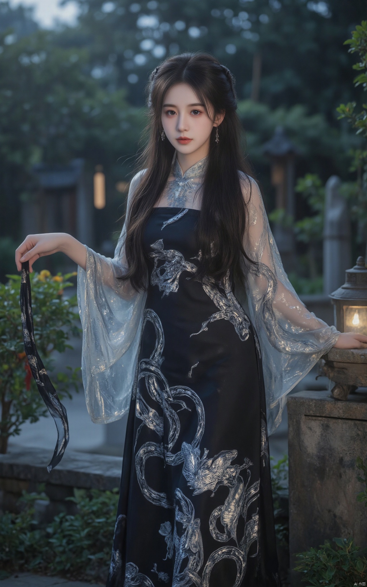 A graceful Asian woman with delicate features and a porcelain complexion stands in an ancient garden, her long, flowing black hair cascading down her back. She is adorned in a traditional hanfu with intricate glowing snake-shaped prints that shimmer under the moonlight. Her posture is elegant, with one hand gently holding a snake-shaped pendant, while the other is delicately placed on a nearby stone bench, mimicking the sinuous curve of a snake. The composition is captured from a low angle, emphasizing her towering presence and the fluidity of her movements, like a serpent gracefully coiled.