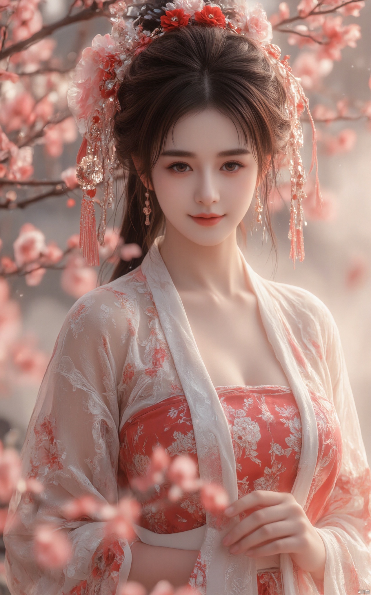 photorealistic,full body portrait of hubggirl, hubg_beauty_girl, perfect hands, (ultra realistic,best quality),photorealistic,Extremely Realistic, hubg_jsnh, vibrant colors, Portrait of noble and graceful goddess, dressed in red and white, elaborate coiffure hairstyle, dark hair, decoration, hourglass figure, transparent shawl, red and white hanfu, earrings, mist, numerous decorations, joyful atmosphere, light smile, RAW photo, detailed face, beautiful symmetrical face, cute natural makeup, highly detailed, oriental minimalism, subtle elegance,