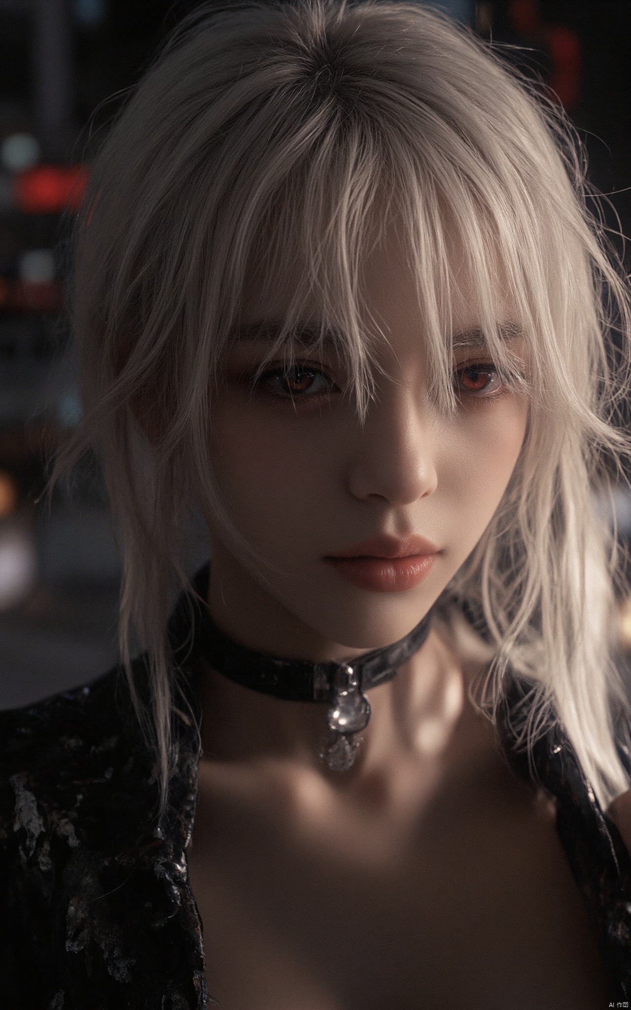 white hair,red eyes,cityscape,cute 1girl,lip biting,seductive leaning forward,detailed face,realistic,photorealistic,(studio light:1.2),evil smile,choker,Deep photo,depth of field,shadows,messy hair,seductive silhouette play,dark,nighttime,dark photo,grainy,dimly lit,shot on RED camera,harsh camera flash ((eyes closed)),bangs,hime cut,fashion model,full body, hubg_beauty_girl