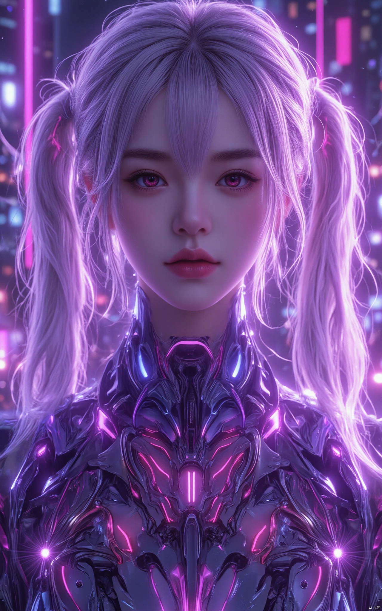 masterpiece, best quality, illustration, beautiful detailed eyes,colorful background,mechanical prosthesis,mecha coverage,emerging dark purple across with white hair,pig tails,disheveled hair,fluorescent purple,cool movement,rose red eyes,beatiful detailed cyberpunk city,multicolored hair,beautiful detailed glow,1 girl, expressionless,cold expression,insanity, long bangs,long hair, lace,dynamic composition, motion, ultra - detailed, incredibly detailed, a lot of details, amazing fine details and brush strokes, smooth, hd semirealistic anime cg concept art digital painting