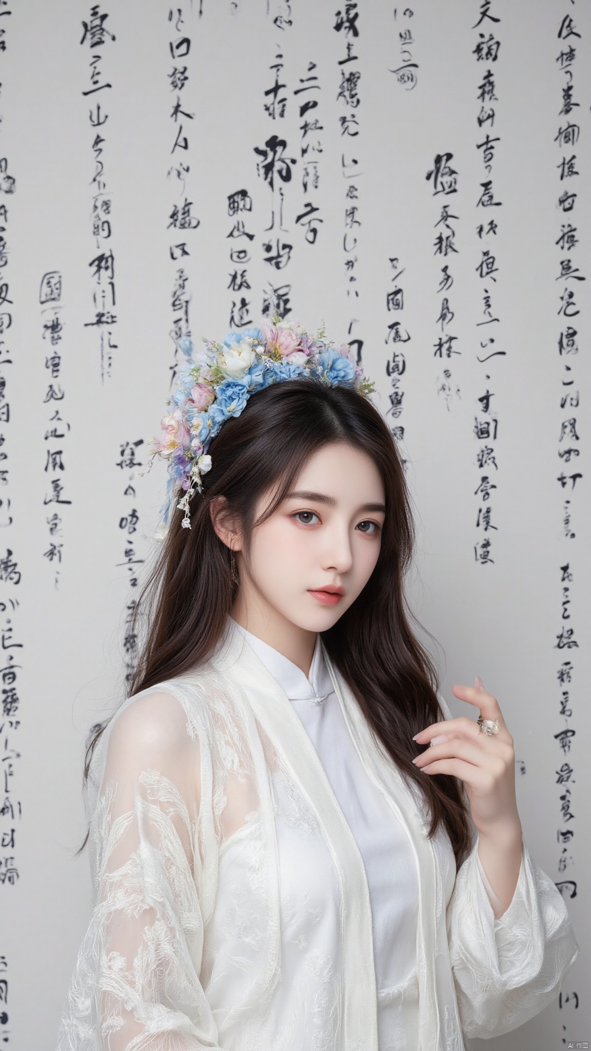 a young Asian woman dressed in a white kimono, adorned with a blue headband adorned with flowers. The woman's hair is dark brown, and her eyes are a piercing blue, while her hair is a darker shade of brown. She is wearing a silver ring on her left hand, adding a touch of contrast to her white robe. The backdrop is adorned with black writing, creating a striking contrast against the white backdrop.