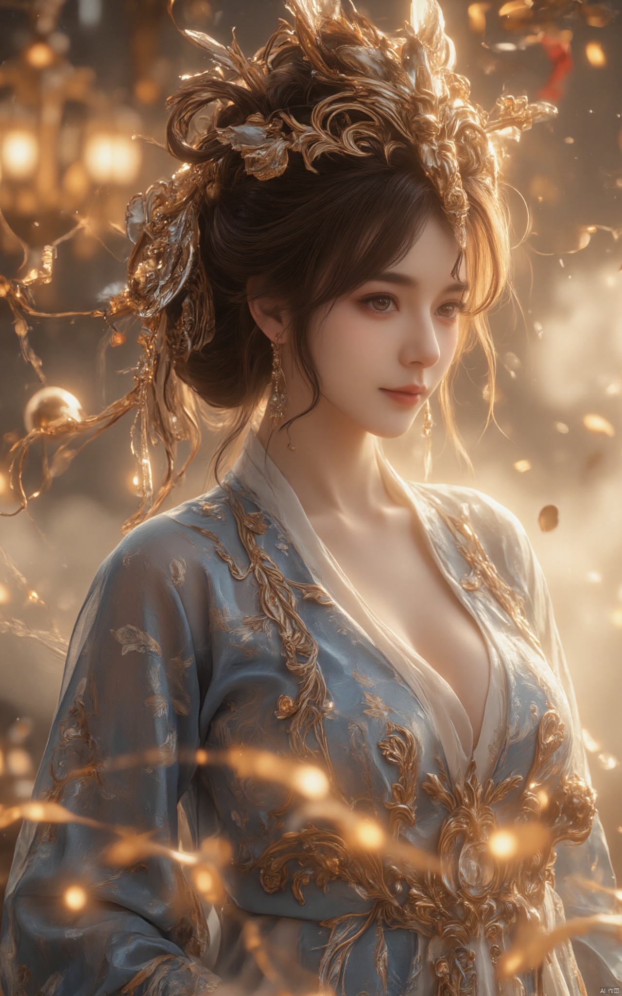 HUBG_Rococo_Style(loanword), hubggirl, hanfu, Portrait of noble and graceful goddess, dressed in blue and gold, elaborate coiffure hairstyle, dark hair, decoration, 16K, UHD, HDR, Brilliant scene with bright lights, mist, numerous decorations, joyful atmosphere, light smile,HDR, IMAX, 8K resolutions, ultra resolutions, magnificent, best quality, masterpiece,cinematic scenes, cinematic shots, cinematic lighting, volumetric lighting, ultra-detailed, 