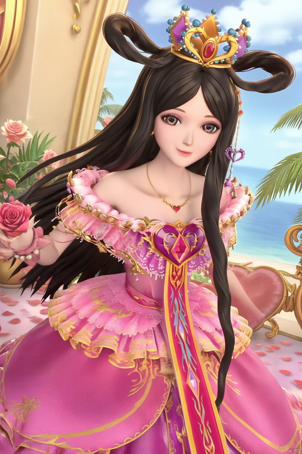 masterpiece, best quality, masterpiece,best quality,official art,extremely detailed CG unity 8k wallpaper,1girl,solo,long hair,looking at viewer,black hair,very long hair,indoors,crown,pink dress,hair rings,necklace,bare shoulders,jewelry,flower,palms,happy,happy,rose,flower,petals,plant,tree,full body