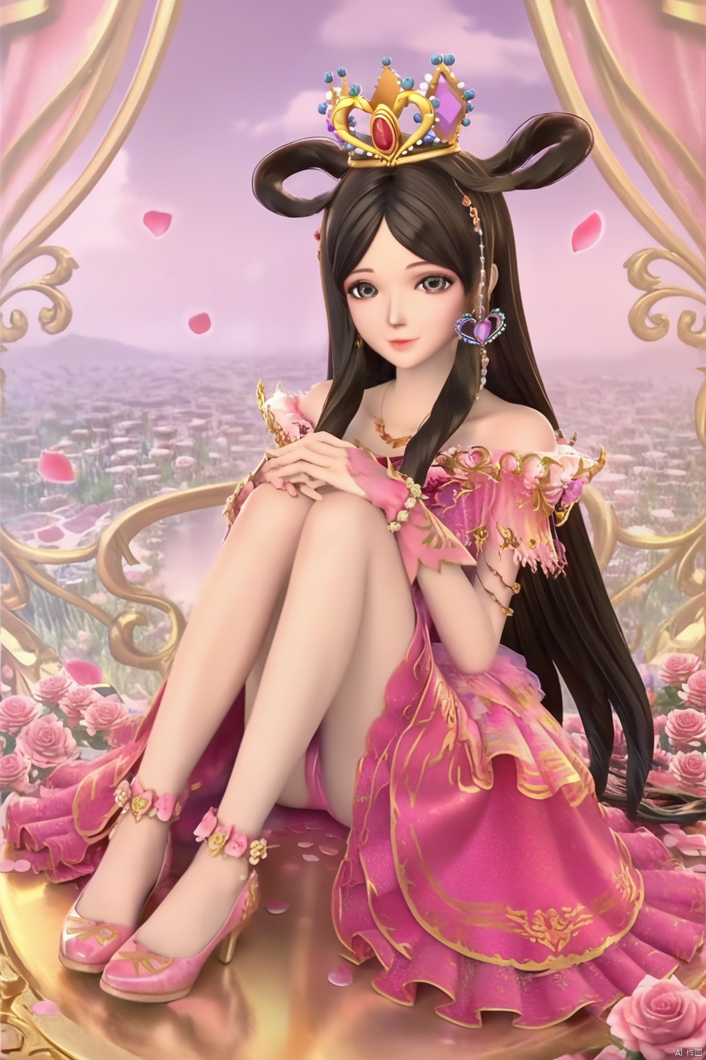 masterpiece, best quality, masterpiece,best quality,official art,extremely detailed CG unity 8k wallpaper,1girl,solo,long hair,looking at viewer,black hair,very long hair,crown,pink dress,hair rings,necklace,bare shoulders,jewelry,flower,palms,happy,happy,rose,flower,petals,plant,shoes,shoe flower,hugging own legs