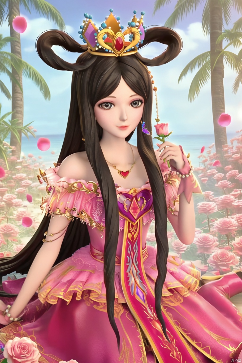 masterpiece, best quality, masterpiece,best quality,official art,extremely detailed CG unity 8k wallpaper,1girl,solo,long hair,looking at viewer,black hair,very long hair,crown,pink dress,hair rings,necklace,bare shoulders,jewelry,flower,palms,happy,happy,rose,flower,petals,plant,sitting,Huge flowers,Sitting on a giant flower,
