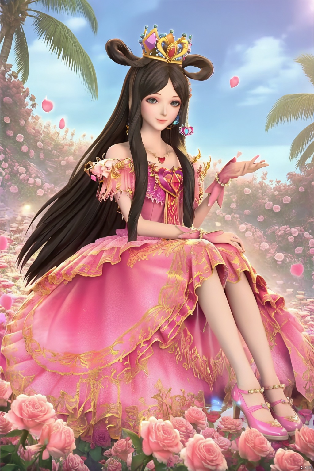 masterpiece, best quality, masterpiece,best quality,official art,extremely detailed CG unity 8k wallpaper,1girl,solo,long hair,looking at viewer,black hair,very long hair,crown,pink dress,hair rings,necklace,bare shoulders,jewelry,flower,palms,happy,happy,rose,flower,petals,plant,shoes,shoe flower,sitting,pink shoes,Huge flowers,Sitting on a giant flower,from below