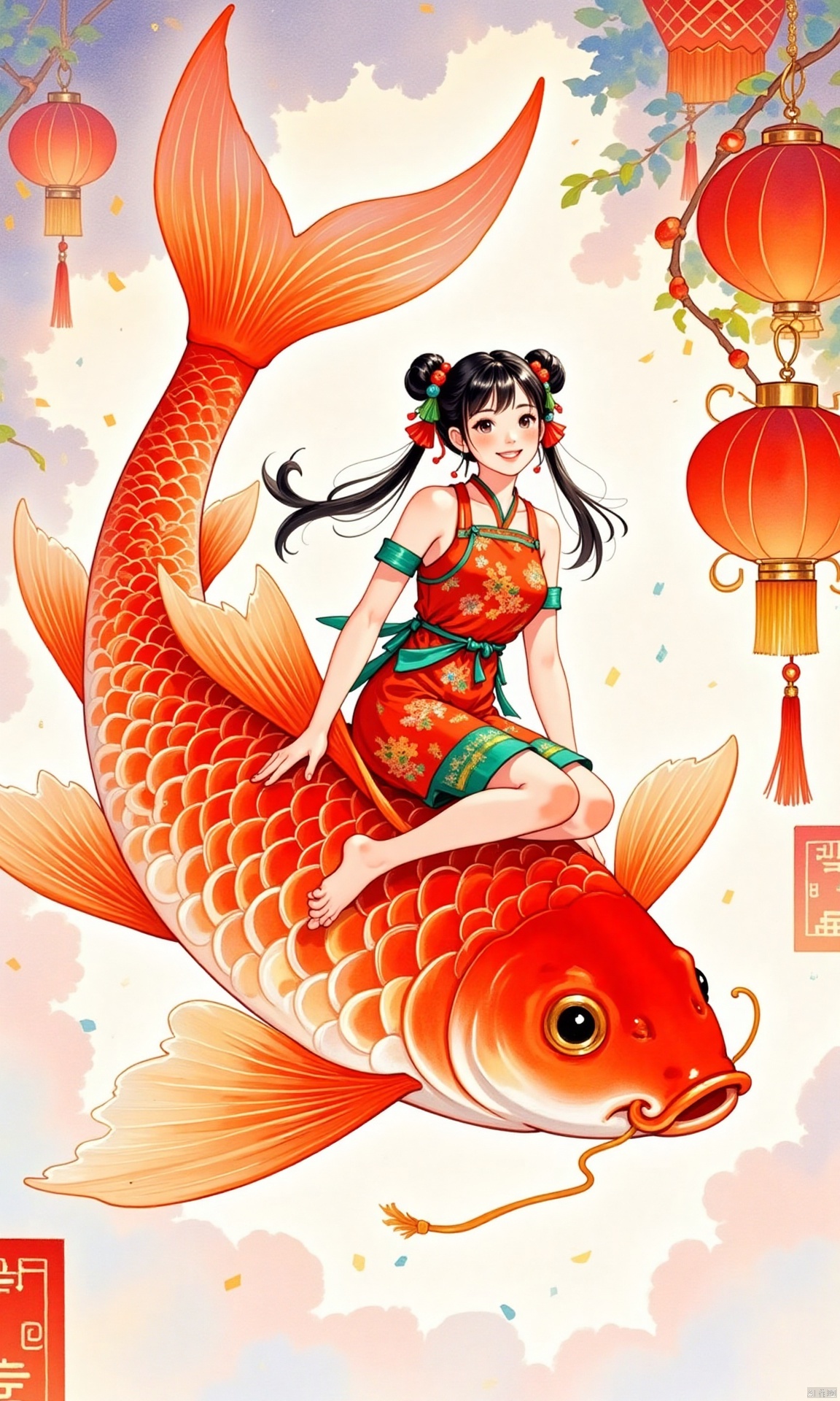 a vibrant cartoon drawing features a young Asian woman with long black hair, dressed in a red and green dress, adorned with a green ribbon. She is seated on a large orange fish, which is soaring in the air. The fish is adorned with long orange fins, and a large black eye. The woman's hair is styled in a bun, adding a pop of color to the scene. To the right of the woman, there are Chinese lanterns hanging from the ceiling. The lanterns are in a vibrant orange hue, adding depth to the composition. The background is a mix of white and gray clouds, creating a stark contrast to the vibrant colors of the painting.