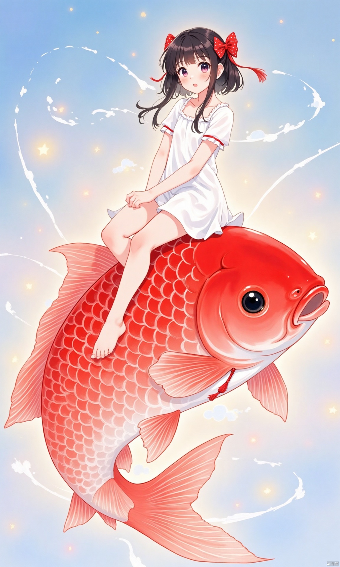 An animated image of a girl in a white dress with a red bow in her hair. The girl is sitting on top of a large red fish that is floating in the air. The fish has a large black eye in the middle of it. There is a red string hanging from the tail of the fish. There are small white clouds in the sky behind the girl.