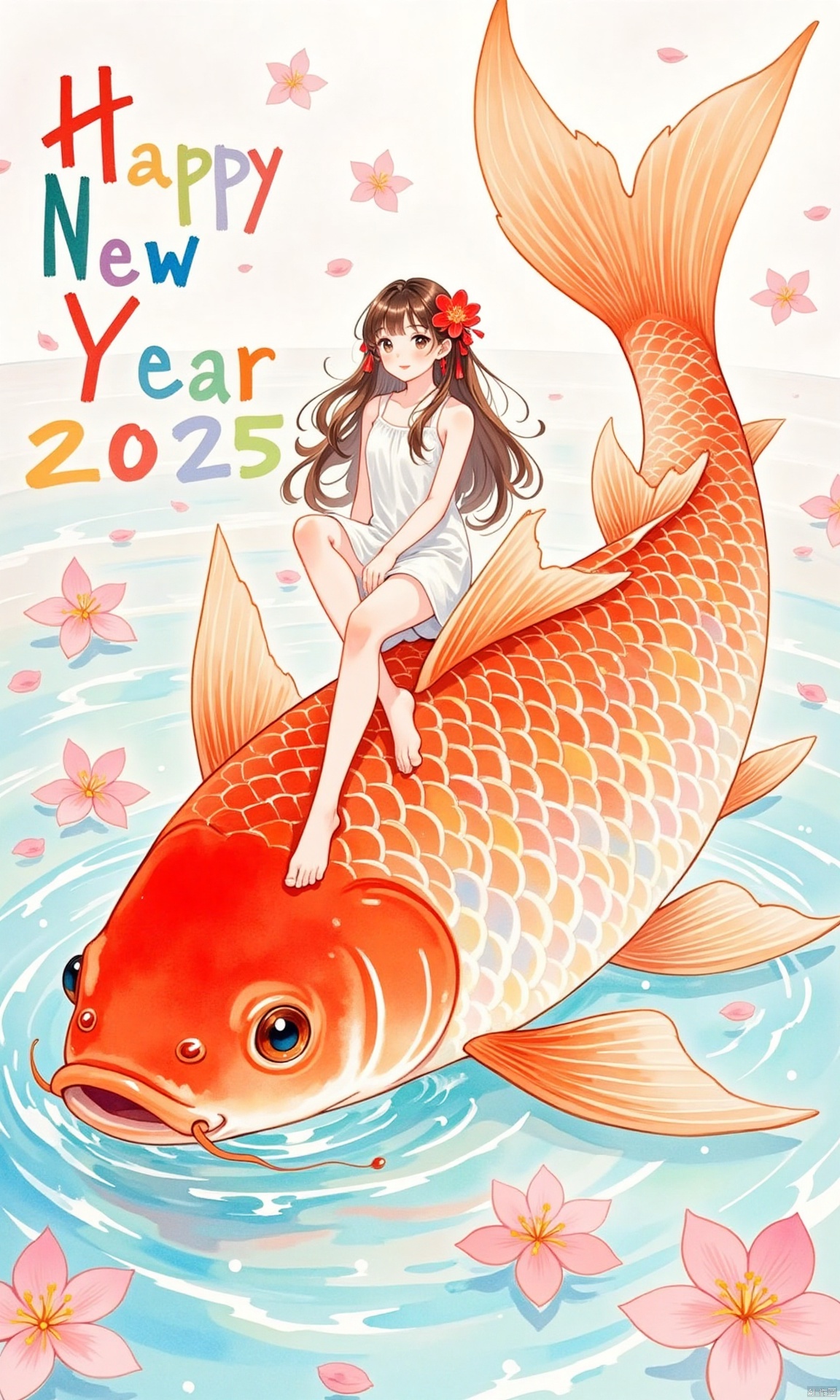 qfjl,Chinese style illustration,An animated image of a girl with long brown hair, wearing a white dress and a red flower in her hair. The girl is sitting on top of a large orange fish that is floating on a body of water. The fish has a long orange tail that extends from the top of the fish to the bottom of the image. There are pink flowers floating in the water around the fish.surrounded by the colorful text " Happy New Year 2025 “,watercolor