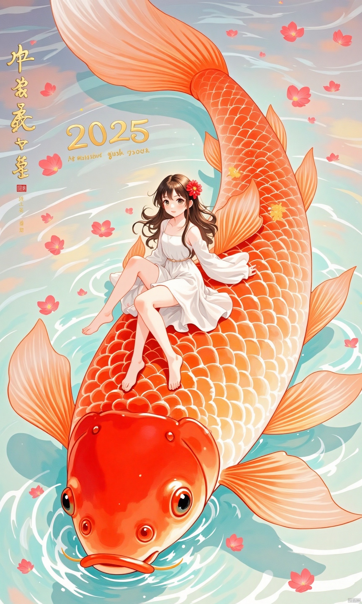 qfjl,Chinese style illustration,An animated image of a girl with long brown hair, wearing a white dress and a red flower in her hair. The girl is sitting on top of a large orange fish that is floating on a body of water. The fish has a long orange tail that extends from the top of the fish to the bottom of the image. There are pink flowers floating in the water around the fish.A golden font reads' Happy New Year 2025 ',