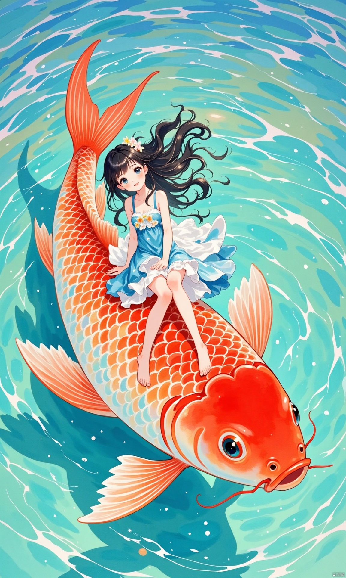 a medium-sized Asian girl with long black hair, wearing a white and blue dress, is seated on a vibrant orange fish. The fish, adorned with white spots, is floating on a body of water that is a vibrant blue-green color. The girl's dress is adorned with a blue and white pattern, adding a pop of color to the scene. Her hair is cascades down her back, framing her face. Her eyes are a deep black, and she's looking to the right of the frame. Her arms are positioned on either side of the fish, while her legs are bent at the bottom of the image. The background is a mix of blue and green hues, with wavy lines, creating a sense of movement.