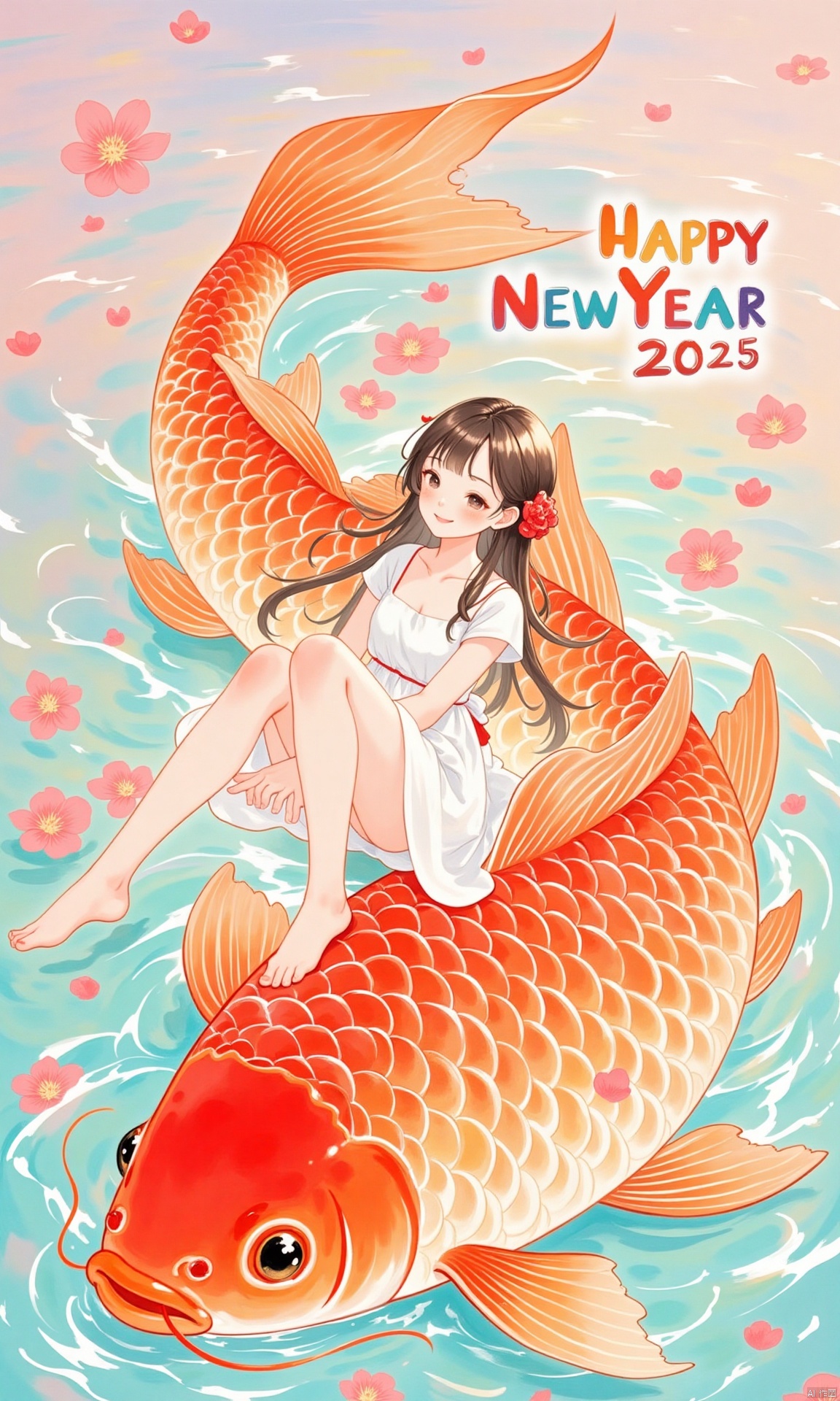qfjl,Chinese style illustration,An animated image of a girl with long brown hair, wearing a white dress and a red flower in her hair. The girl is sitting on top of a large orange fish that is floating on a body of water. The fish has a long orange tail that extends from the top of the fish to the bottom of the image. There are pink flowers floating in the water around the fish.surrounded by the colorful text " Happy New Year 2025 “