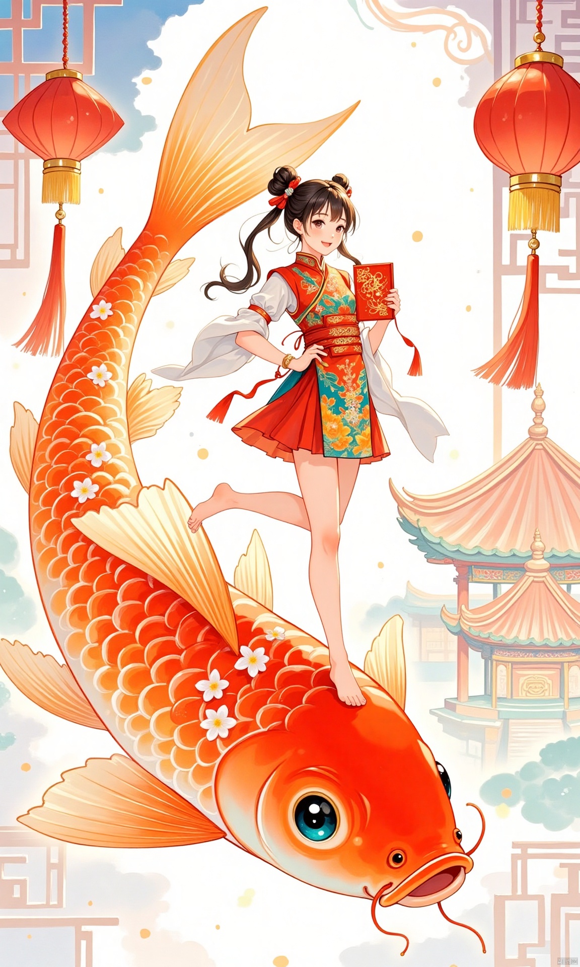 a cartoonish girl, dressed in a traditional Asian dress, stands atop a vibrant orange fish. The fish, adorned with a large eye, is adorned with white flowers, adding a pop of color to the scene. The girl's hair, styled in a ponytail, is tied in a bow at the top of her head. She is balanced on top of the fish, with her left hand on her hip, while her right hand is holding a red box with a design on it. To the right of the girl, there are two red Chinese lanterns hanging from the ceiling. The background is a mix of white, blue, and light blue, with a pagoda-like structure in the background.