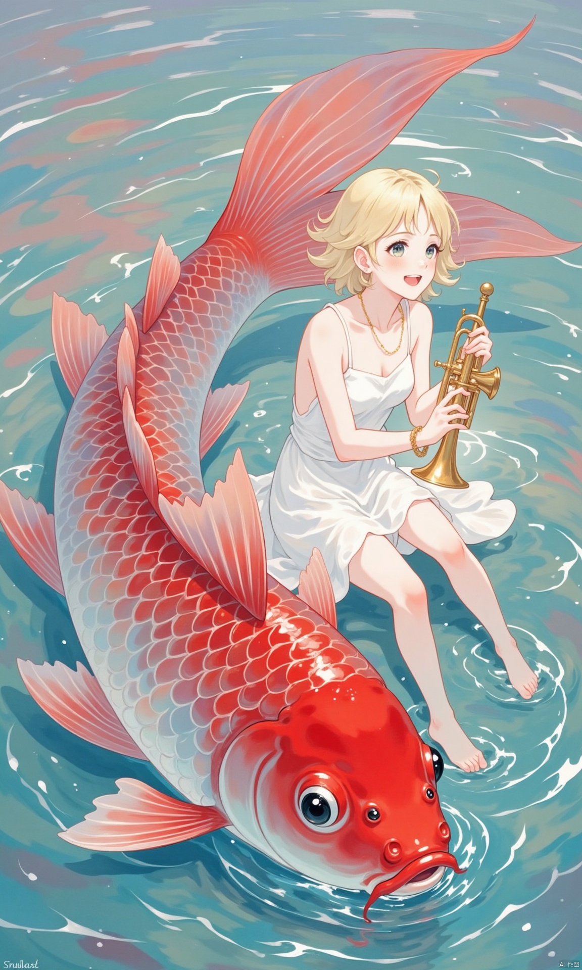 An animated image of a girl in a white dress is sitting on her knees in a body of water. The girl is holding a golden trumpet in her hands. She has blonde hair and is wearing a necklace around her neck. She is also wearing a bracelet on her left wrist. A large red fish is swimming in the water in front of the girl. The fish has a long tail that extends from the top of the fish to the bottom of the frame. Its eyes are black and round. Its mouth is slightly open.
