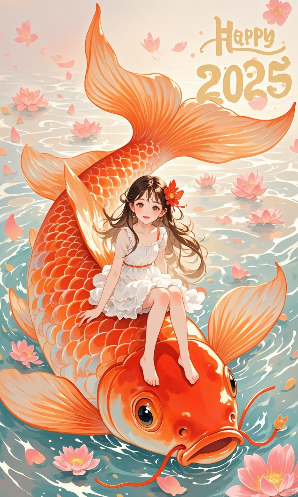 qfjl,Chinese style illustration,An animated image of a girl with long brown hair, wearing a white dress and a red flower in her hair. The girl is sitting on top of a large orange fish that is floating on a body of water. The fish has a long orange tail that extends from the top of the fish to the bottom of the image. There are pink flowers floating in the water around the fish.A golden letter ' Happy New Year 2025 ',