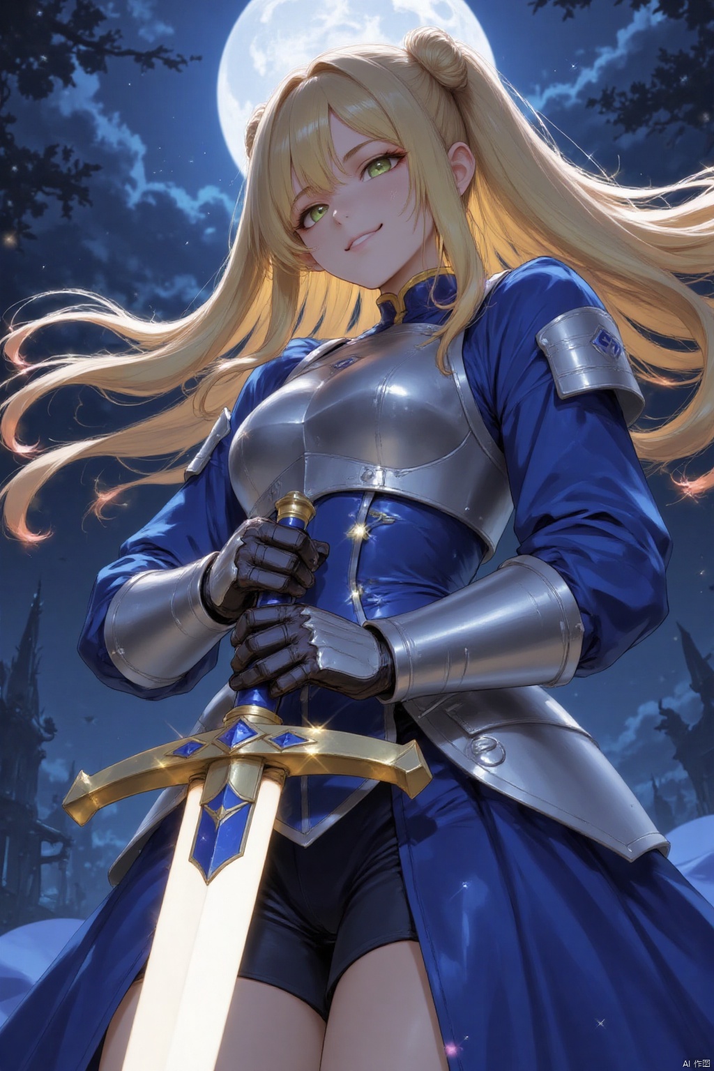 masterpiece, best quality, amazing quality, very aesthetic, high resolution, ultra-detailed, absurdres,  depth of field, volumetric lighting newest, scenery, colorful, dynamic from below dutch angle, highest detailed, upper body, mature female, 
artoria_pendragon_(fate), blonde hair, green eyes, sidelocks, hair bun, blue dress, juliet sleeves, breastplate, armor,
large breasts, lips, wind, light smile, holding weapon, gauntlets, excalibur \(fate/stay night\), detailed weapon, hands up,  weapon focus, 
dynamic pose, moonlight passing through hair, perfect night, fantasy background, looking at viewer, light smile, hand, light particles, (face focus:0.7), detailed background, detailed foreground, extremely detailed eyes,  rim light,