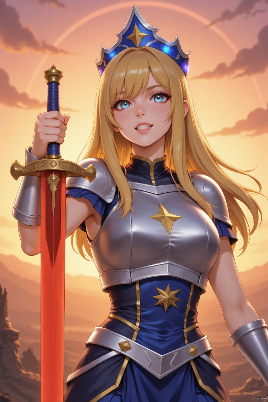 An animated image of a woman with blonde hair and a blue crown on her head. She is holding a sword in her right hand. Her left hand is raised in the air. Her right hand is positioned on the handle of the sword. She has a star on her chest. Her eyes are blue and her mouth is open. The sword she is holding is a vibrant red color. The sun is setting in the background, casting a warm orange glow over the scene.