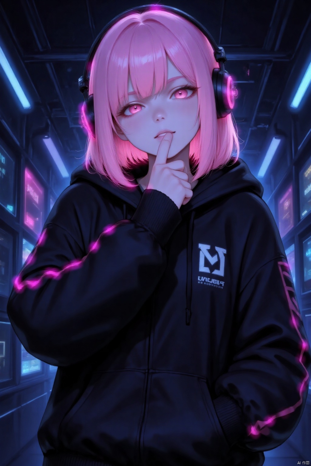 1girl, solo, looking at viewer, bangs, long sleeves, closed mouth, upper body, pink hair, virtual youtuber, hood, medium hair, pink eyes, hoodie, glowing, headphones, hood down, hand in pocket, black hoodie, neon lights