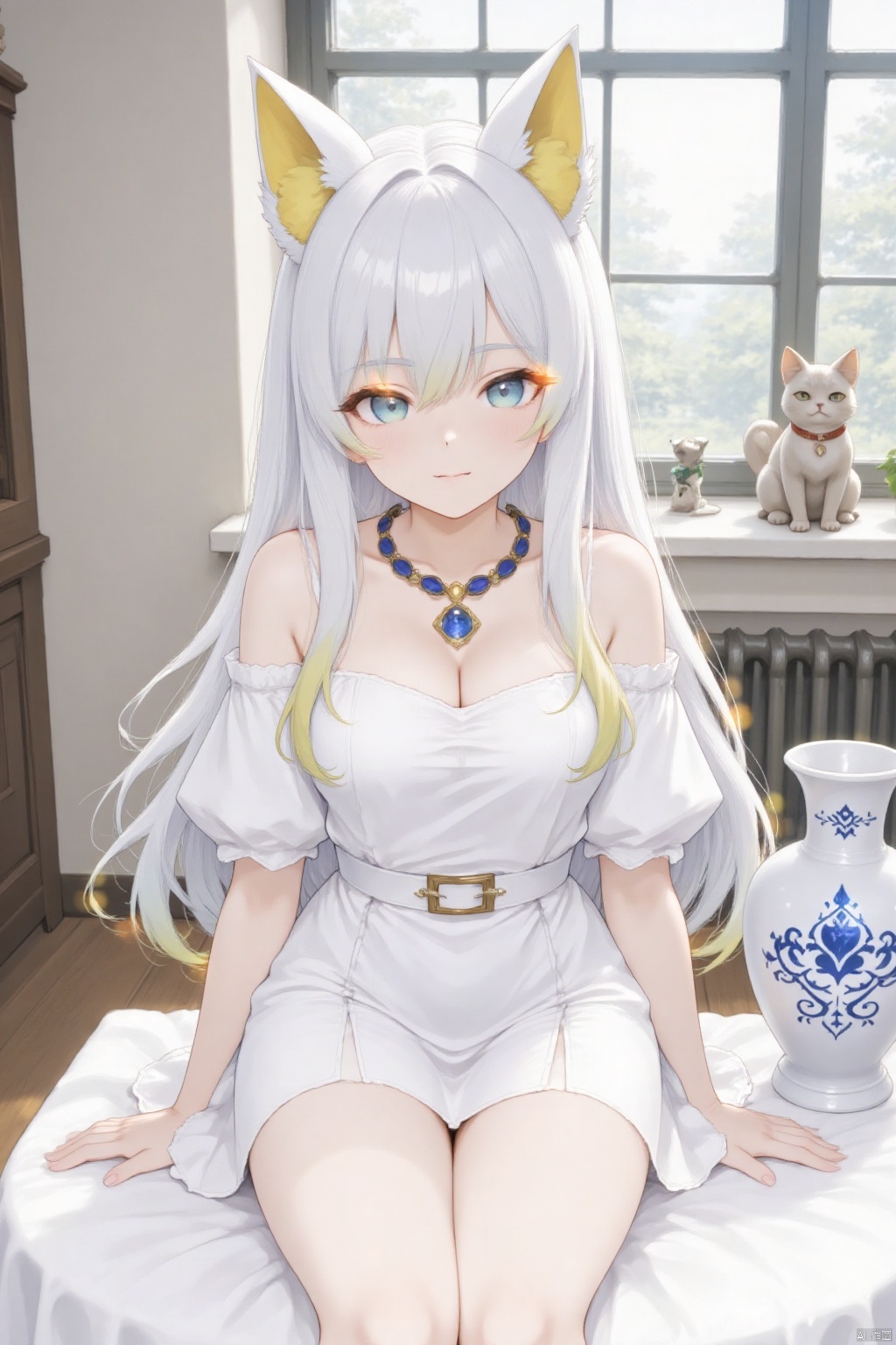 a cartoon girl with long white hair and blue eyes sits on a white tablecloth. She is dressed in a white dress with a gold belt around her waist, adorned with a blue and gold necklace. Her eyes are a piercing blue, and her hair cascades over her shoulders. Her hair is adorned with two large yellow ears, adding a touch of warmth to her face. To the right of her, a white vase with blue designs is placed on the table. In the background, a wall with a window is visible, and a small statue of a cat is positioned on the window sill.