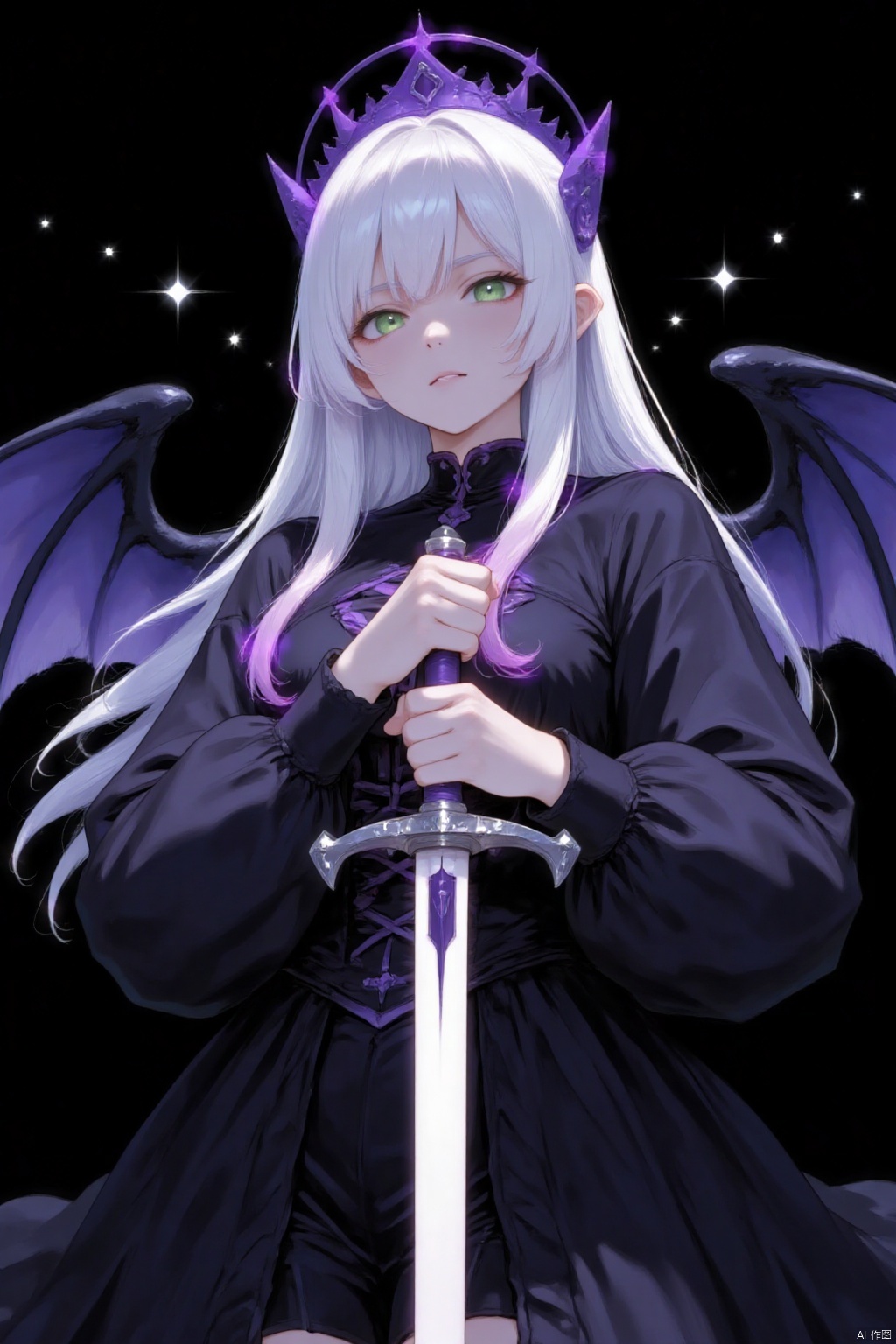An animated image of a woman with long white hair and green eyes. She is holding a sword in her right hand. Her left hand is positioned in the middle of the image. Her right hand is holding the sword in the left hand. The woman is wearing a black dress with a purple crown on her head. Her wings are spread out around her shoulders. Her dress is black with purple accents. There are white stars on the black background.