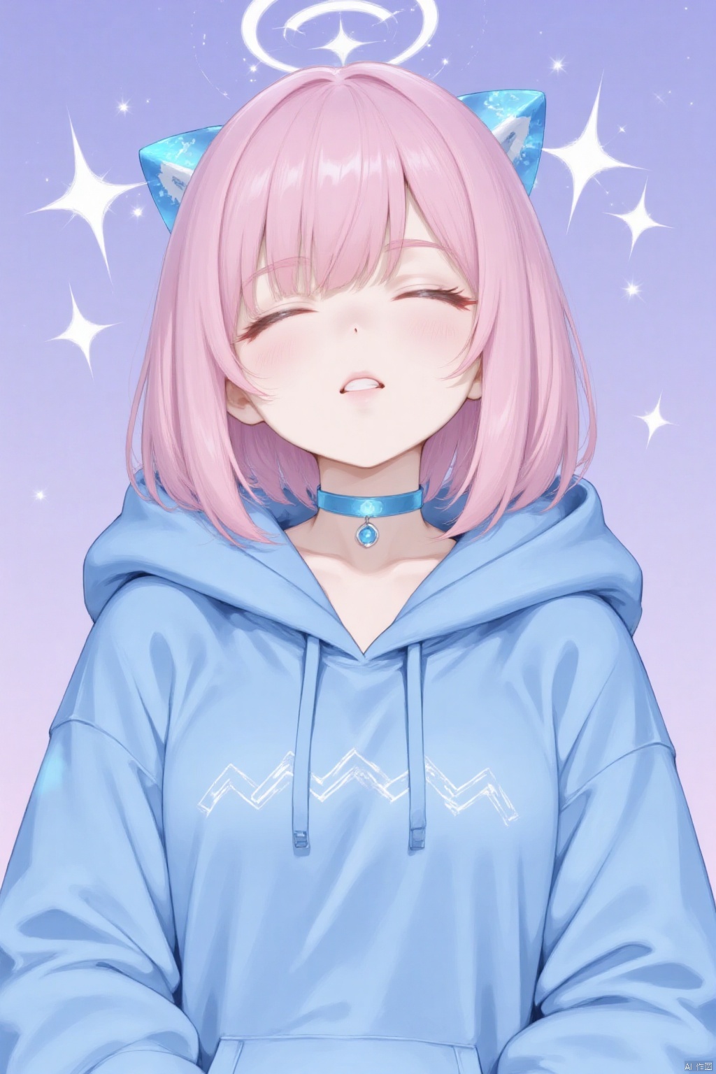 An animated image of an anime girl with pink hair and a blue hoodie. The hoodie is light blue with a zigzag pattern on it. The girl is wearing a blue necklace around her neck. There are two white cross symbols on her head. The background is a light purple with small white stars in the sky. Her eyes are closed and her mouth is open.