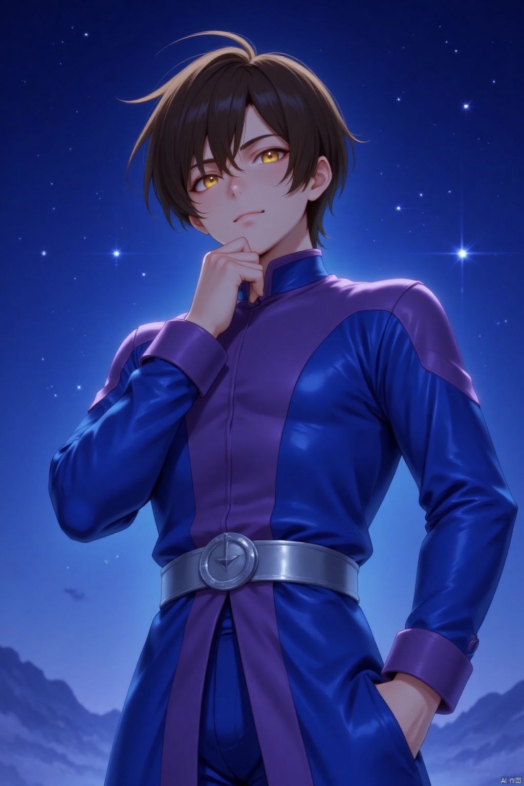 Captured from a digital painting, a young man with short brown hair and yellow eyes stands in front of a star-filled sky. His right arm is draped over his left shoulder, while his left arm is wrapped around his waist. He is wearing a blue and purple outfit, adorned with a silver belt. His left hand is resting on his hip, adding a touch of balance to the scene. The background is a deep blue, with a few white stars dotting the sky.