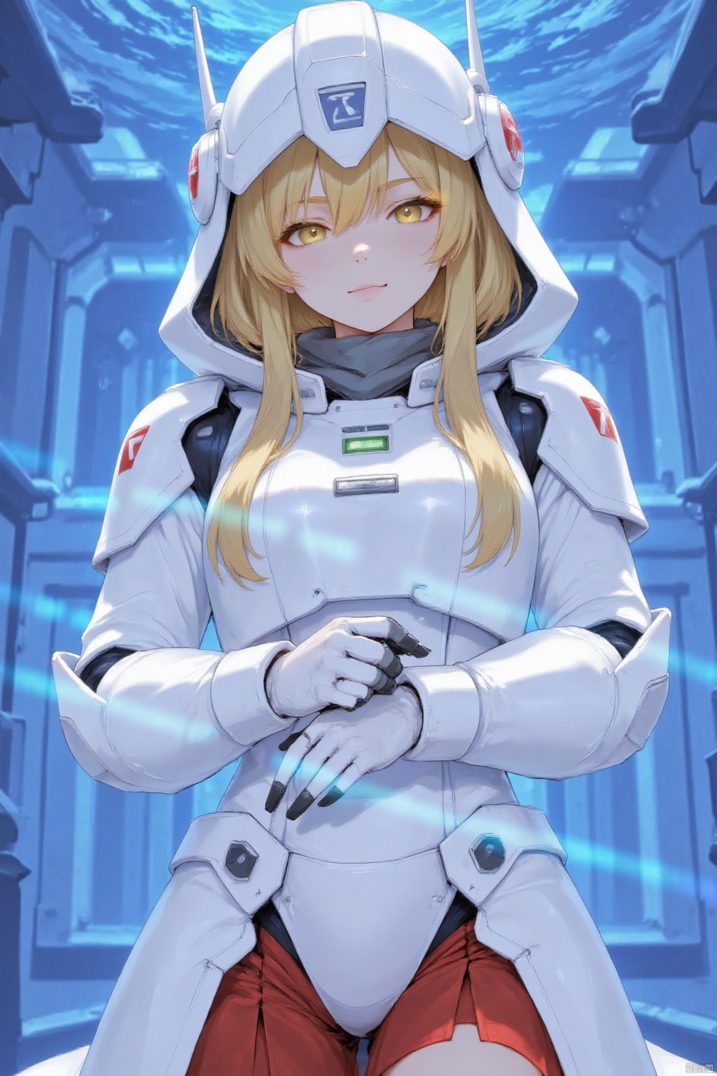 a medium-sized anime girl with long blonde hair and yellow eyes stands in front of a backdrop of blue water. She is dressed in a white robot-like outfit, adorned with a gray helmet, a gray scarf, and a red skirt. Her hands are draped across her body, adding a pop of color to the scene. The backdrop is a vibrant blue, creating a striking contrast to the girl's outfit.