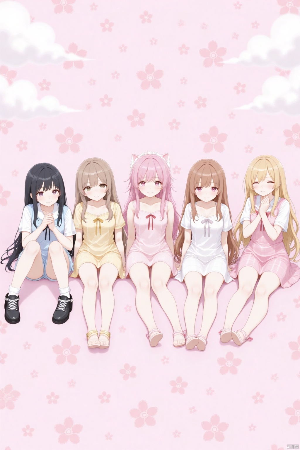 An animated image of five anime characters sitting on the ground. Two of the characters are wearing black and white shoes, while the other two are wearing pink and white dresses. The background is a pink floral pattern, and there are white clouds in the sky.