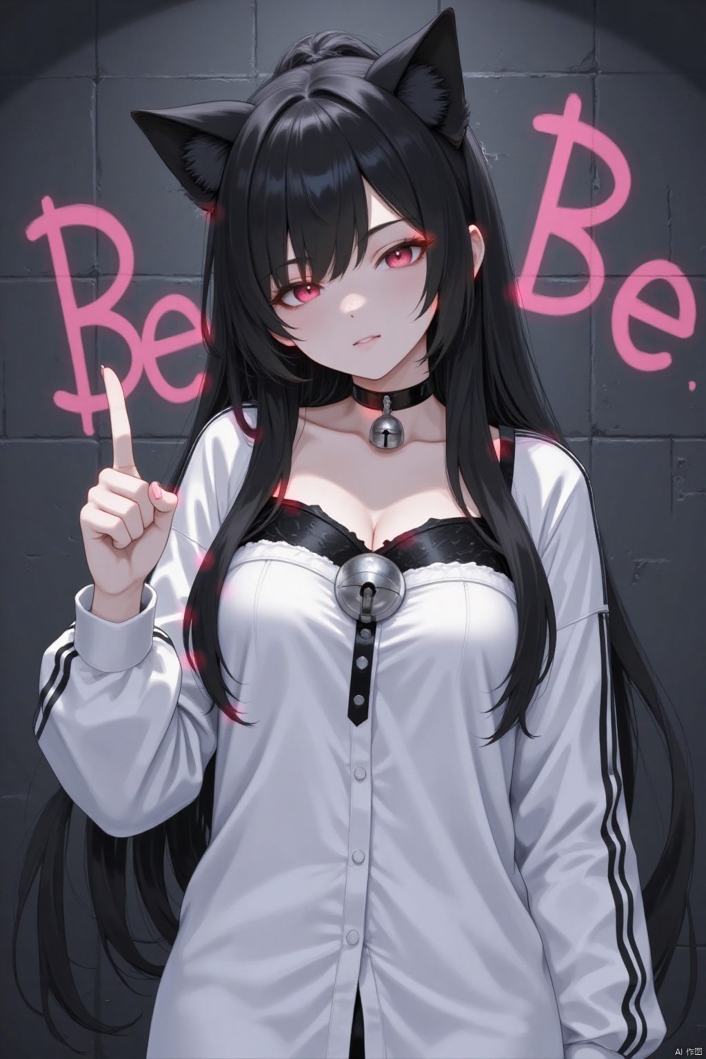 An animated image of a woman in a black bra with a silver bell around her neck. The woman has long black hair that is styled in a cat-like fashion. Her eyes are a piercing red, and her hair is a light gray color. She is wearing a long sleeve white shirt with black stripes on the sleeves. Her hair is pulled back in a ponytail with a black bow at the top of her head. Her left hand is raised up in the air. The backdrop is a dark gray wall with pink graffiti on it. The word "Be" is visible on the wall.