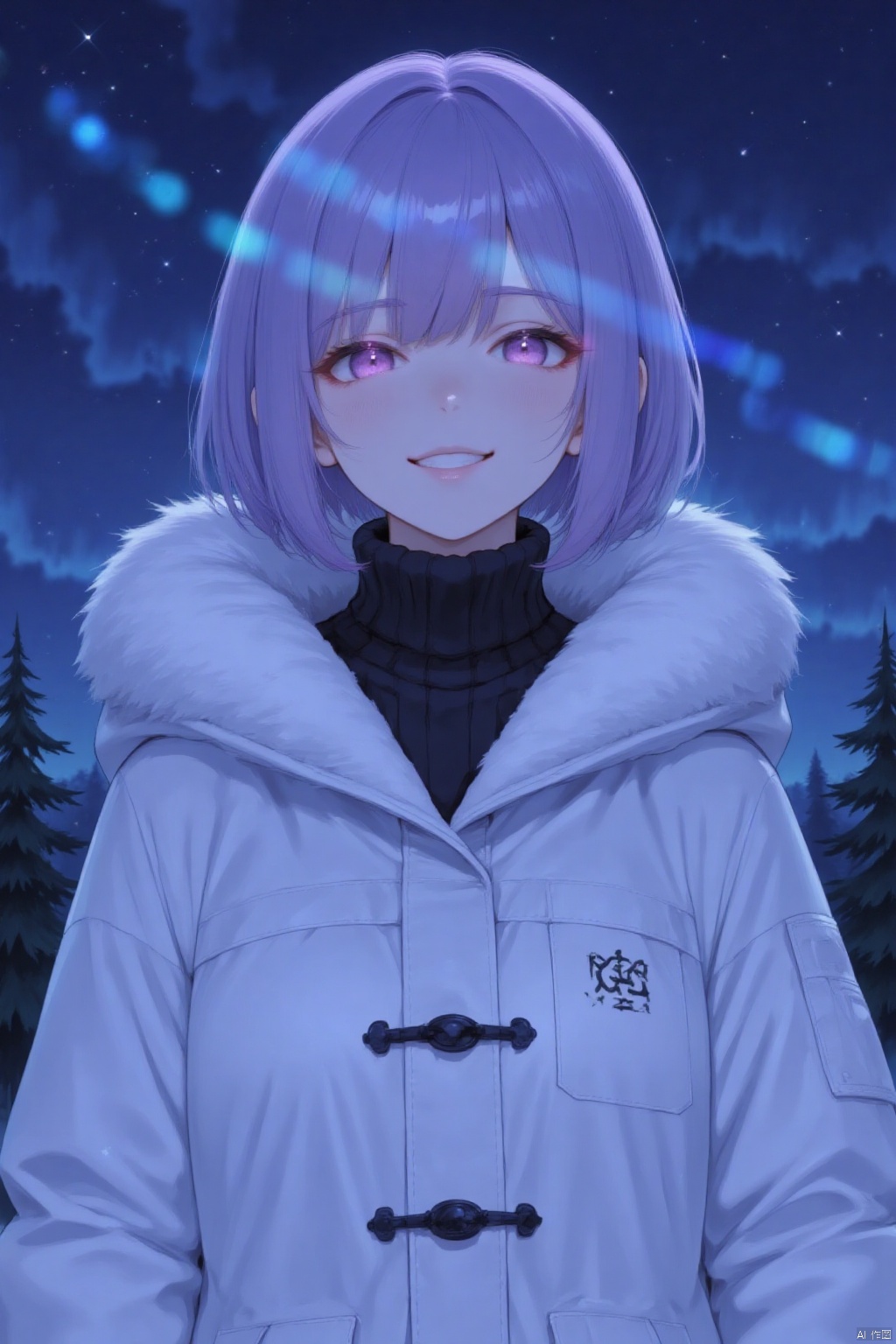 1girl, solo, looking at viewer, smile, short hair, bangs, closed mouth, purple eyes, jacket, upper body, purple hair, outdoors, sky, sweater, tree, coat, fur trim, night, turtleneck, star \(sky\), night sky, breath, turtleneck sweater, white coat, winter clothes, black sweater, hooded coat, winter coat