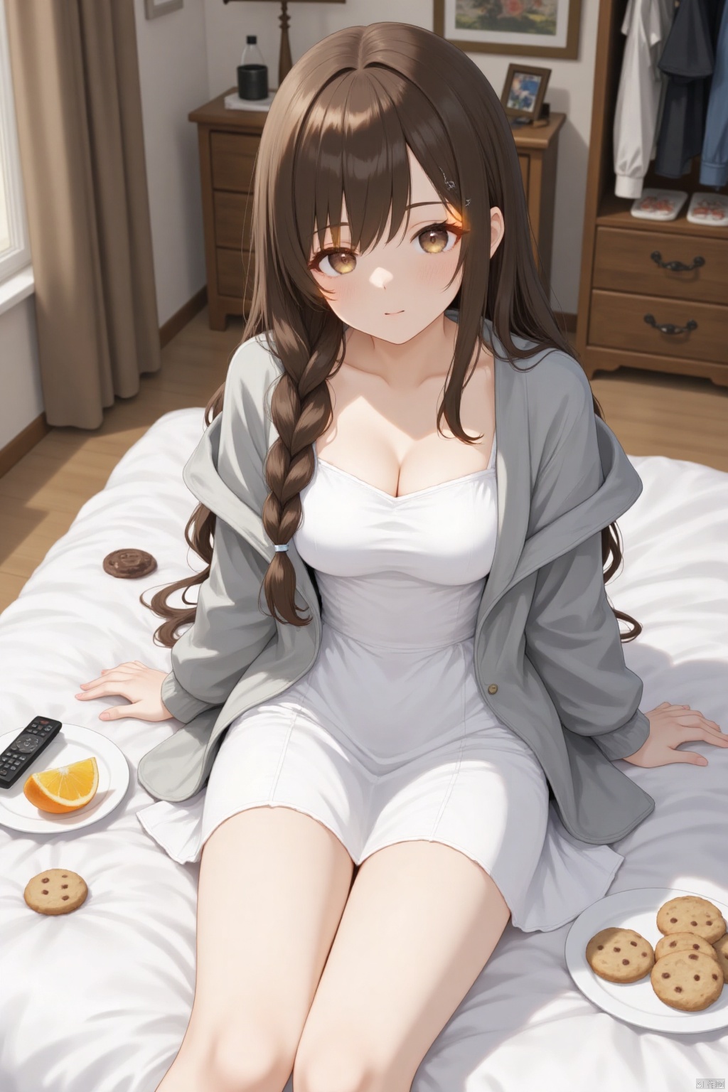 An animated image of a girl with long brown hair, wearing a white dress and a gray jacket. Her hair is braided and tied in a braid. She is sitting on a bed with a white blanket. There is a plate with a slice of orange on it, and a black remote control on the bed. There are cookies on the blanket, and there is a wooden dresser in the background with clothes hanging on it.
